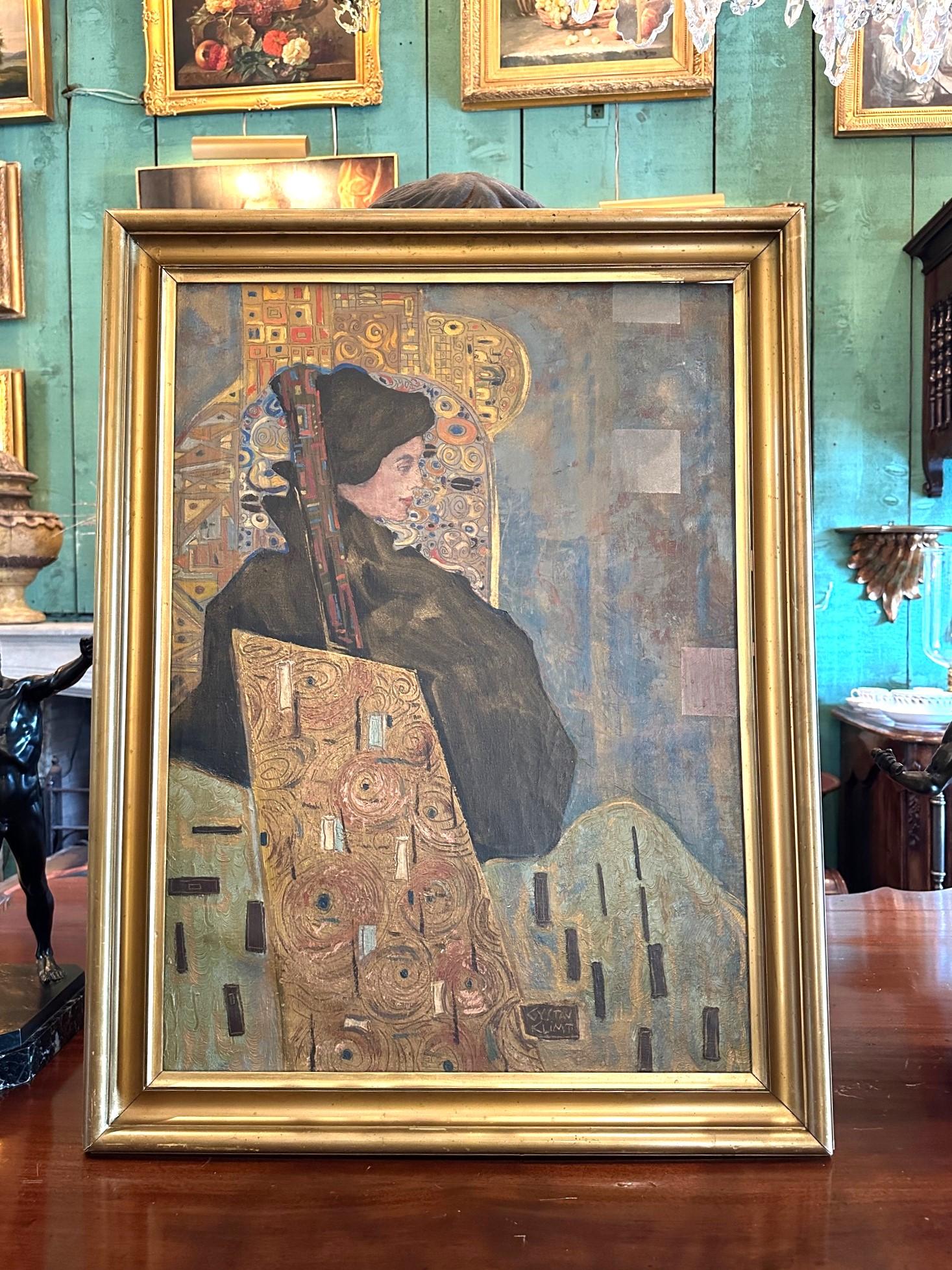 Autrichien Peinture autrichienne Portrait de dame huile sur toile Signée Gustav Klimt Encadré Art en vente