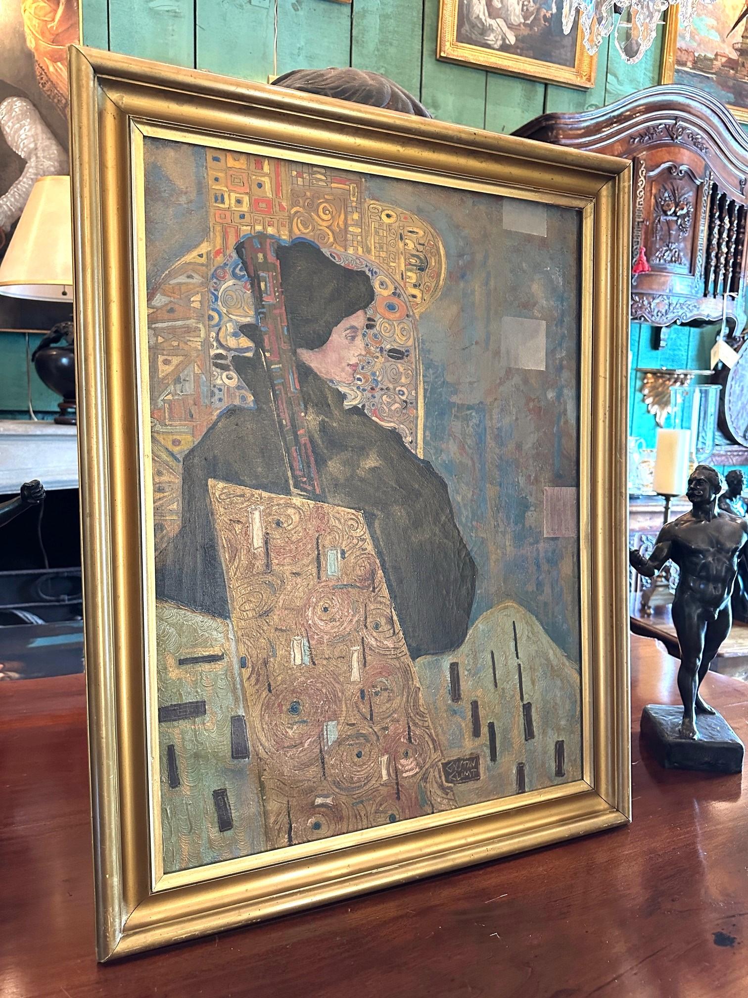 Sculpté Peinture autrichienne Portrait de dame huile sur toile Signée Gustav Klimt Encadré Art en vente