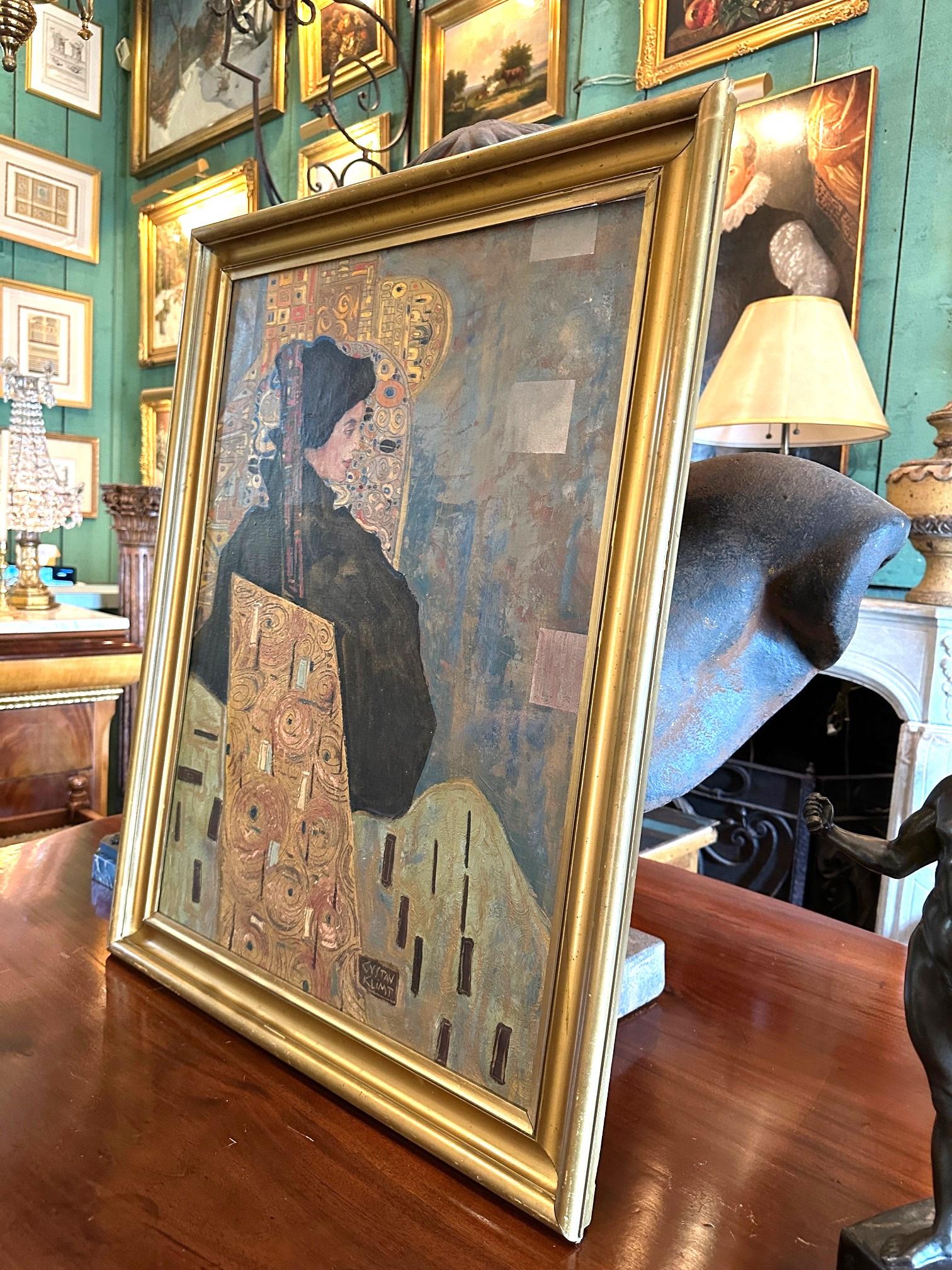 Peinture autrichienne Portrait de dame huile sur toile Signée Gustav Klimt Encadré Art État moyen - En vente à West Hollywood, CA