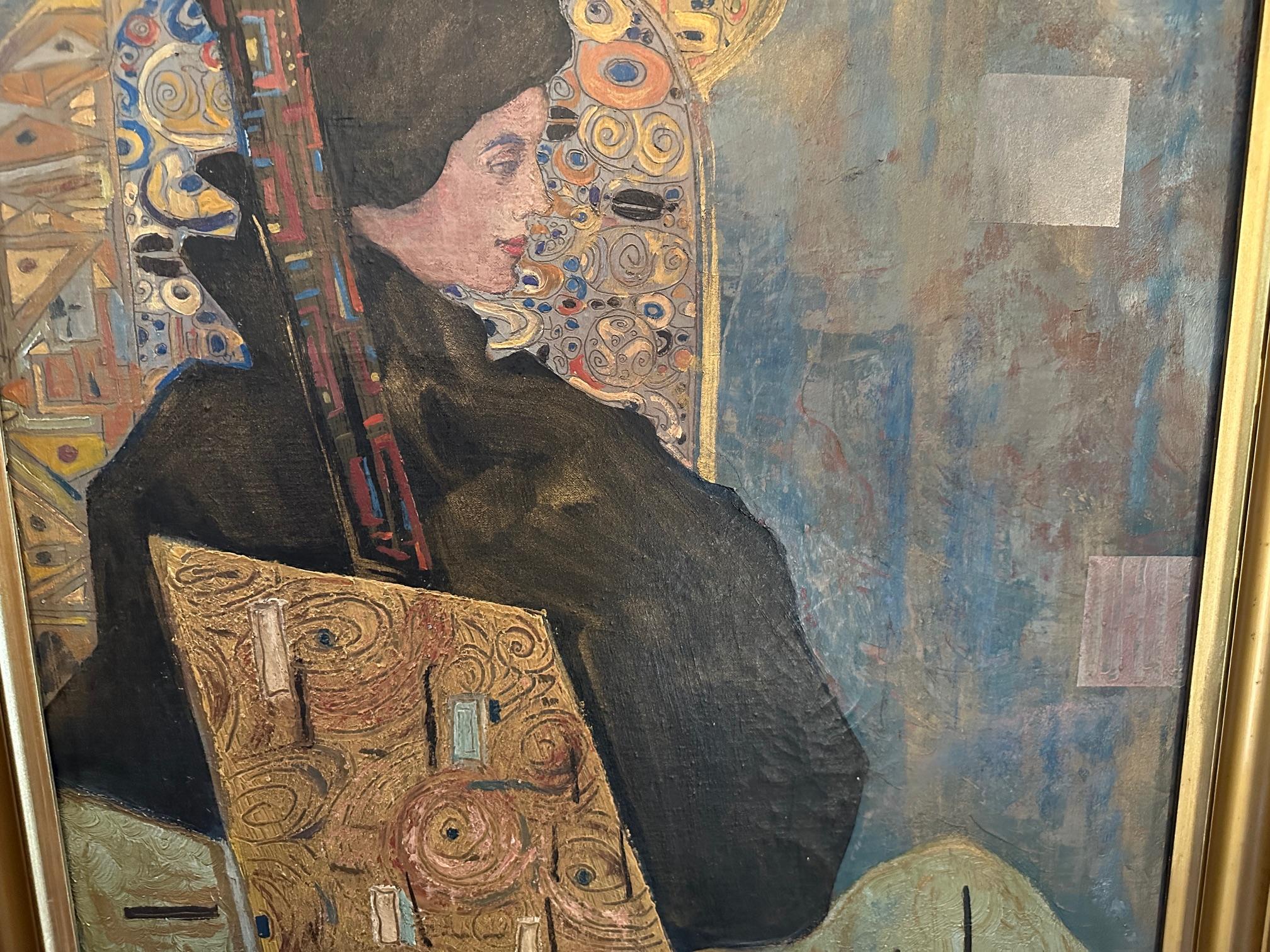 Toile Peinture autrichienne Portrait de dame huile sur toile Signée Gustav Klimt Encadré Art en vente
