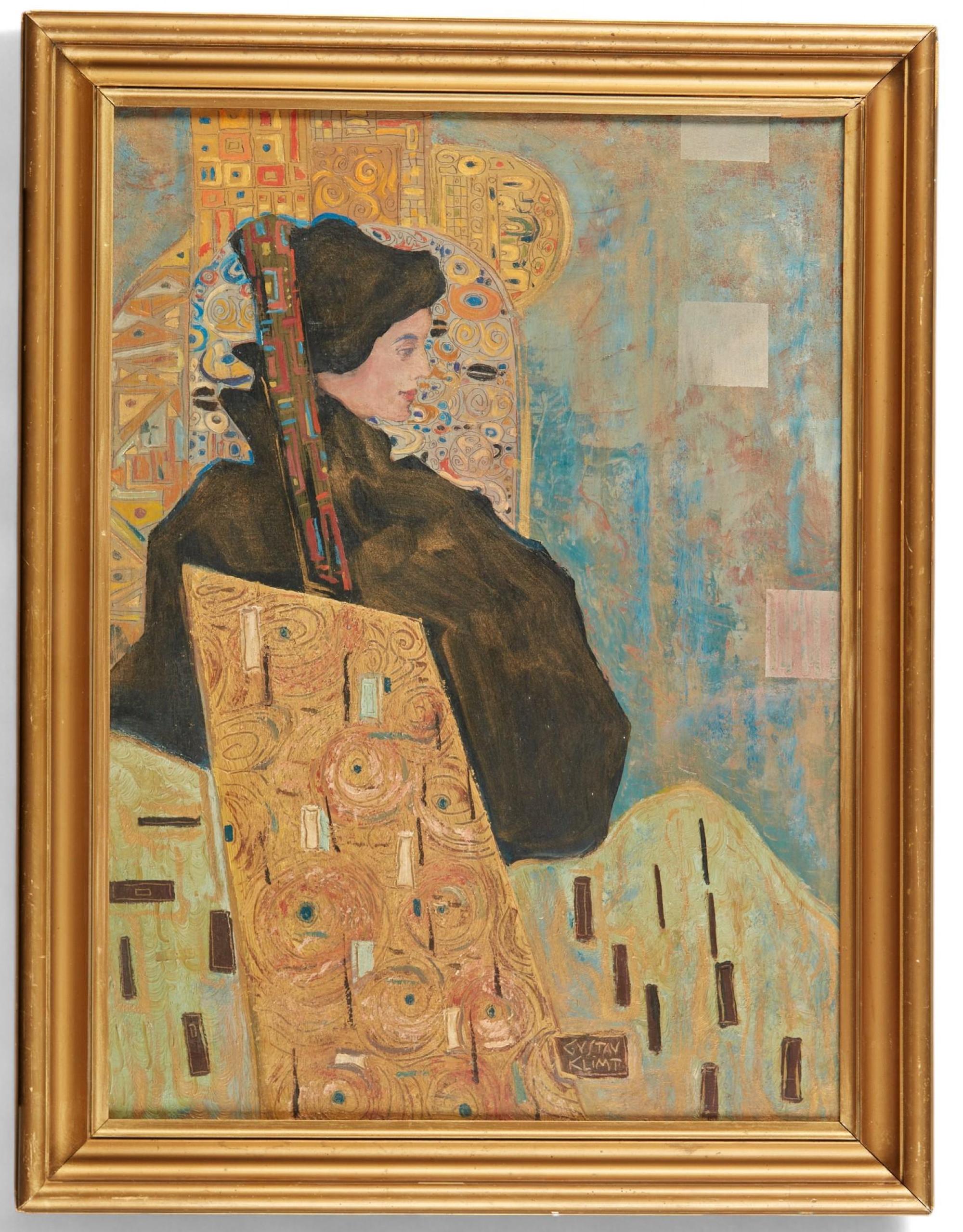 Peinture autrichienne Portrait de dame huile sur toile Signée Gustav Klimt Encadré Art en vente 2