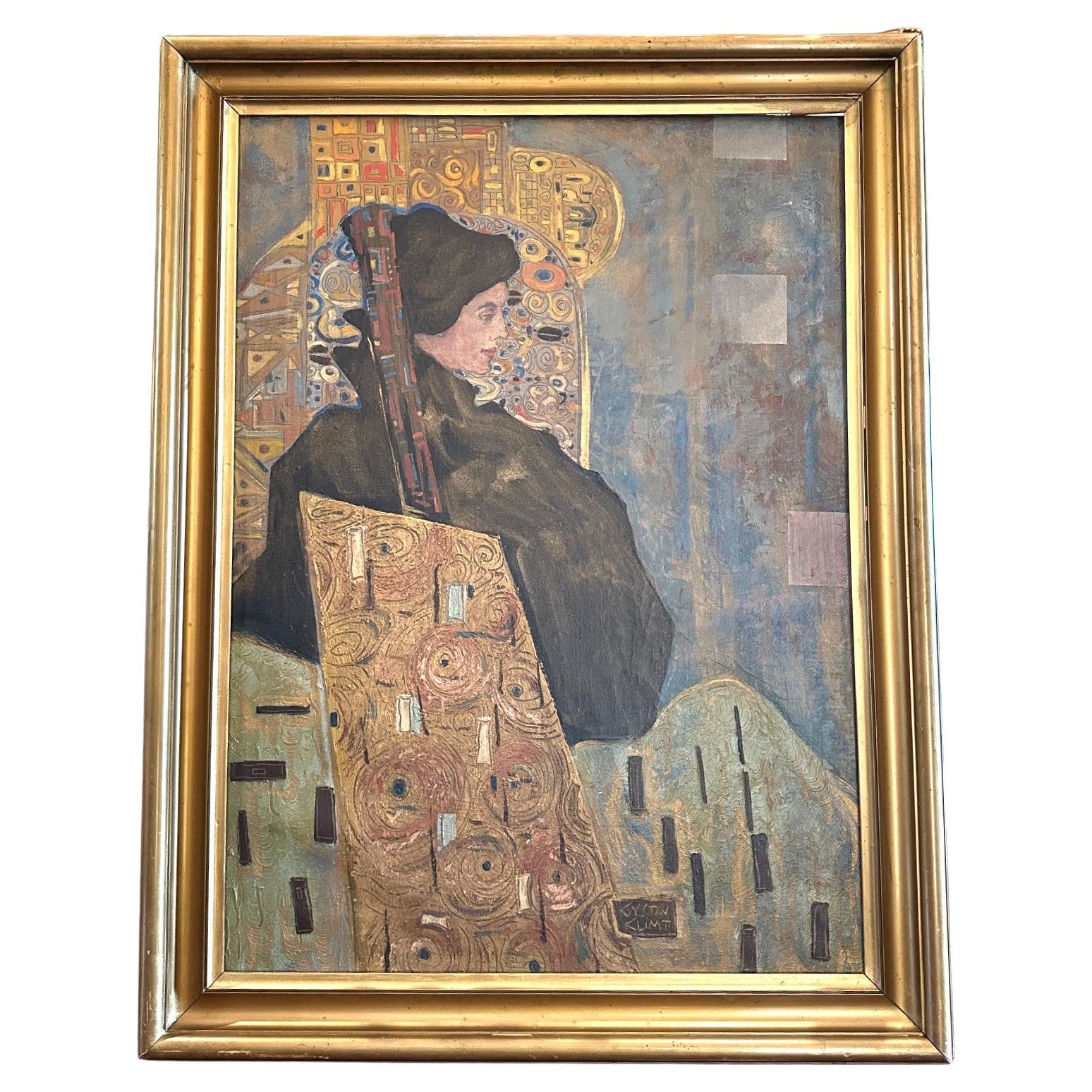 Peinture autrichienne Portrait de dame huile sur toile Signée Gustav Klimt Encadré Art en vente