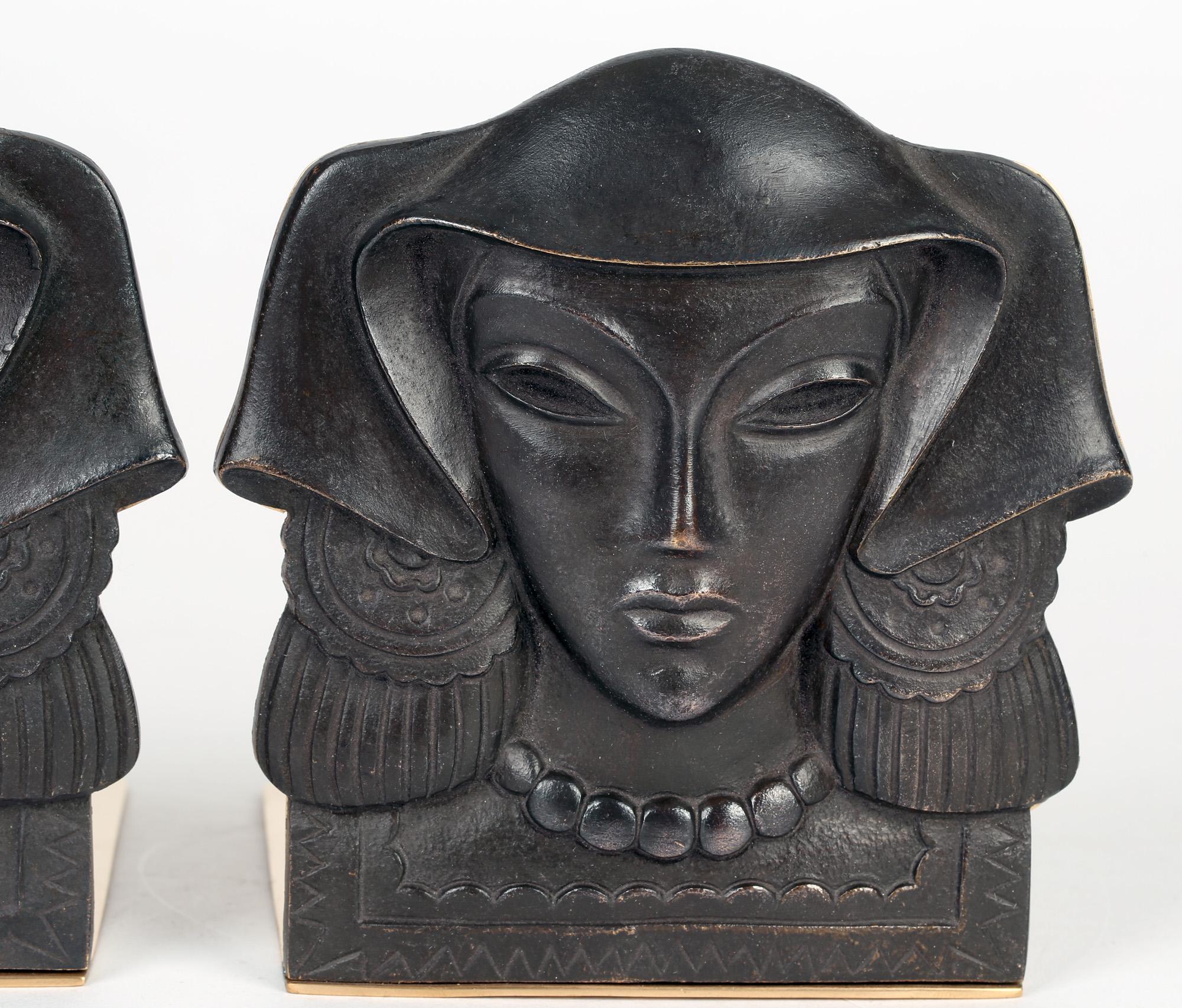 Austrian Pair Art Deco Mounted Bronze Maiden Head Bookends For Sale 5