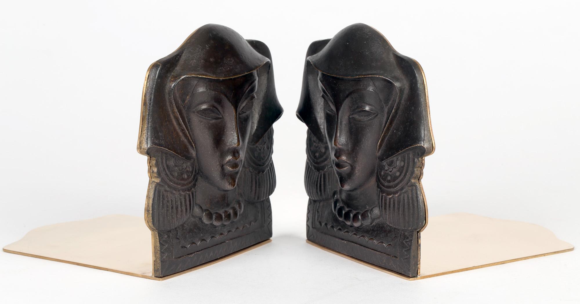 Austrian Pair Art Deco Mounted Bronze Maiden Head Bookends For Sale 6