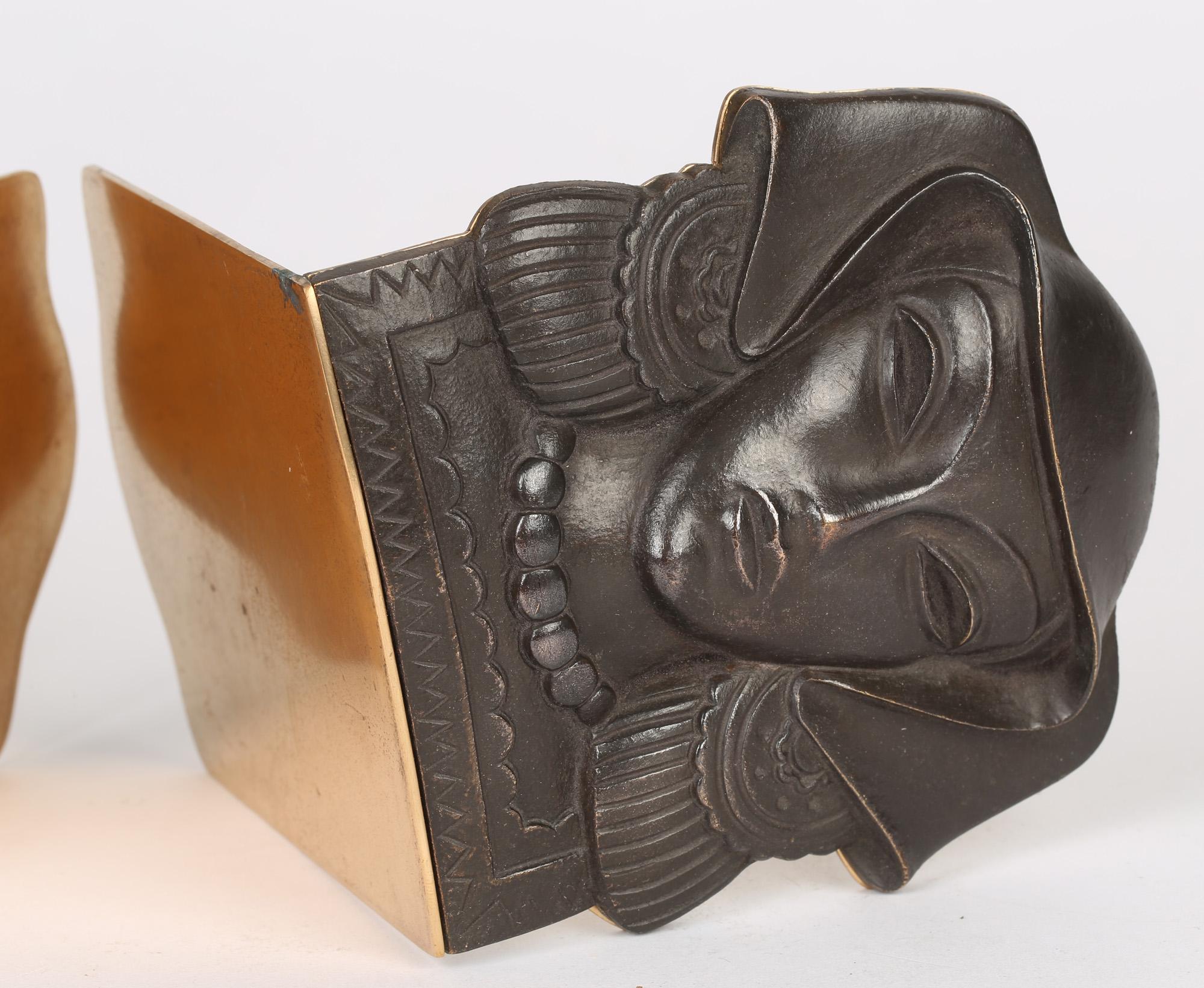 Early 20th Century Austrian Pair Art Deco Mounted Bronze Maiden Head Bookends For Sale