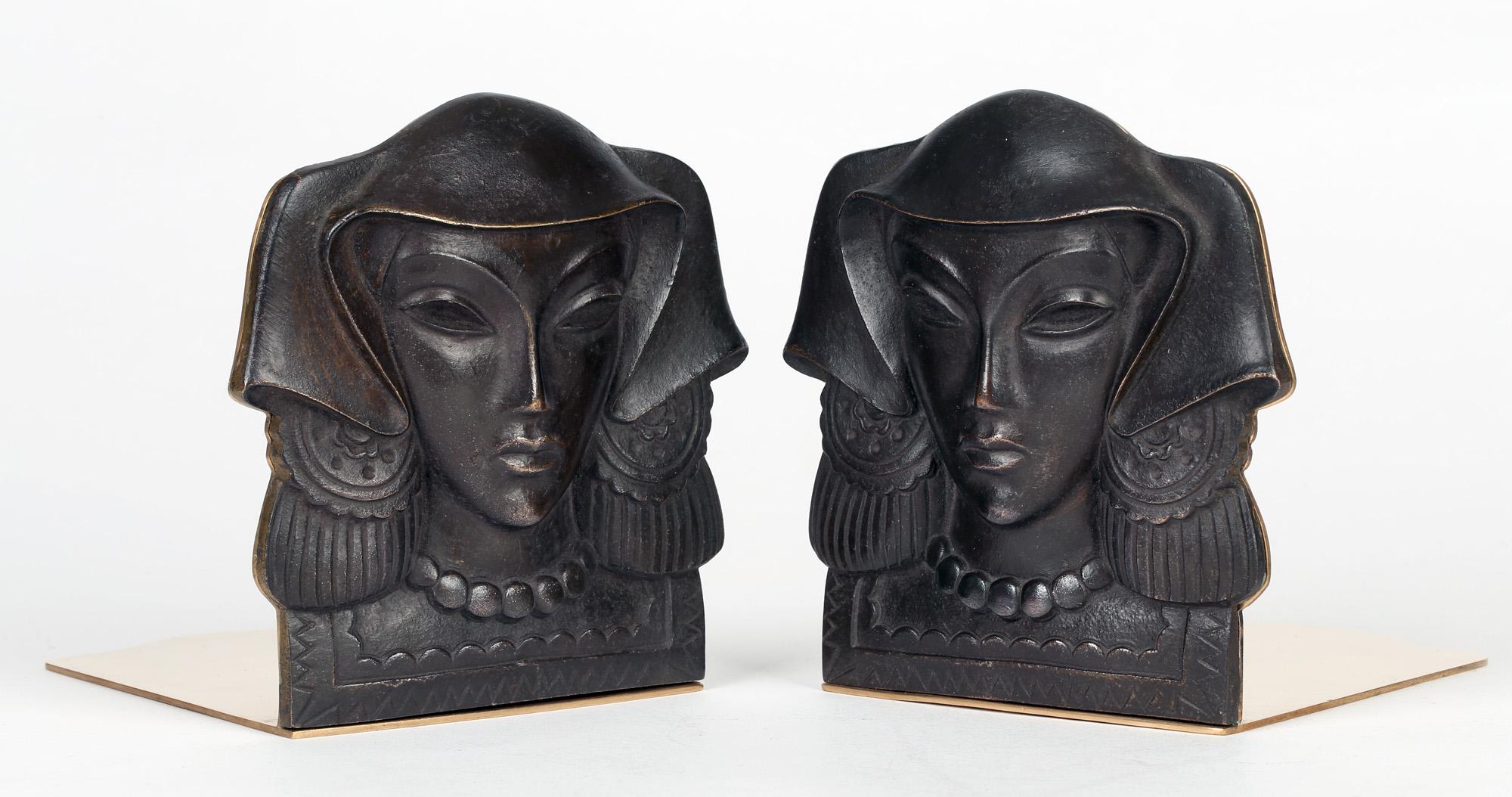 Austrian Pair Art Deco Mounted Bronze Maiden Head Bookends For Sale 2