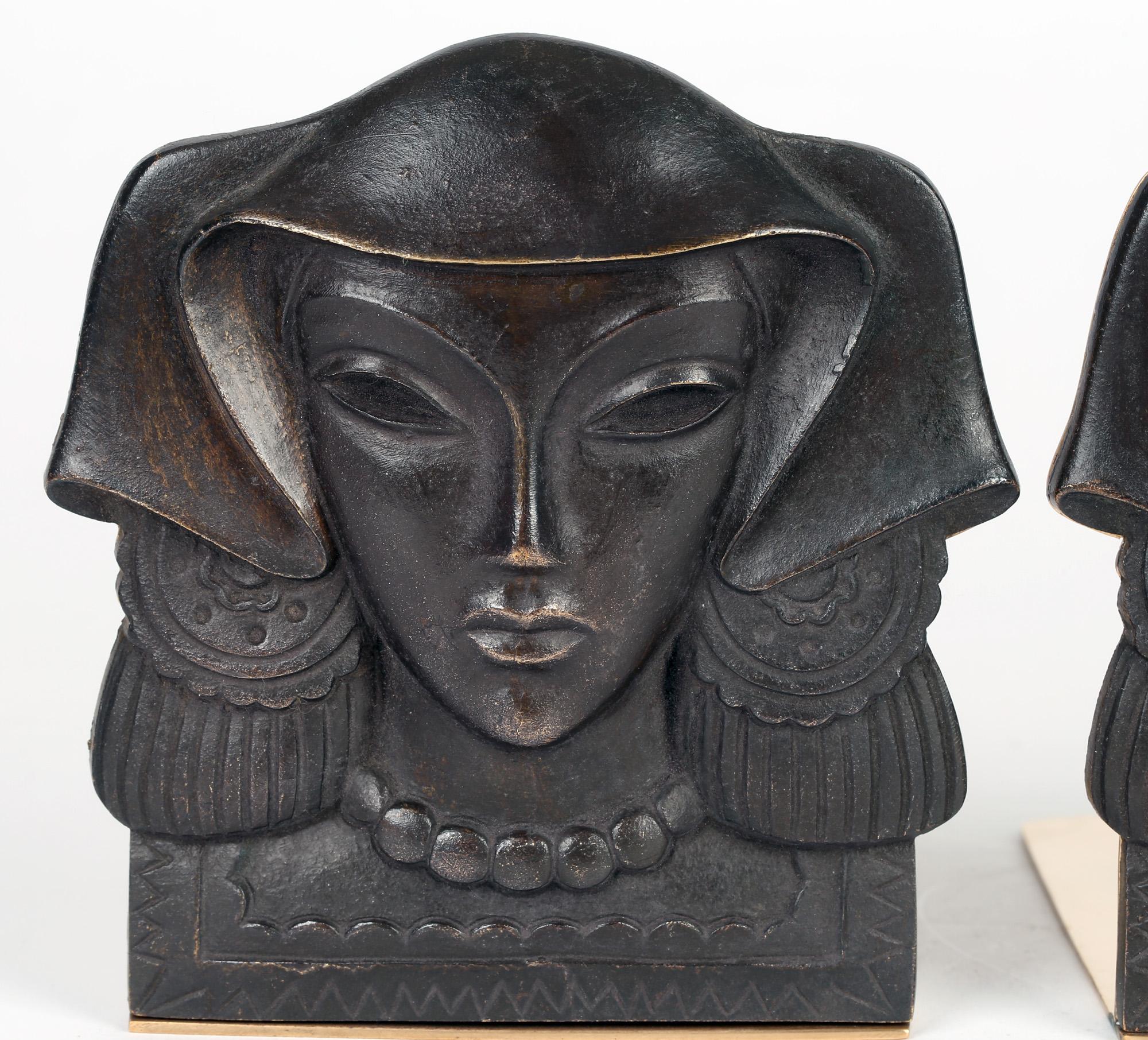 Austrian Pair Art Deco Mounted Bronze Maiden Head Bookends For Sale 4