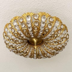 Austrian Palwa Faceted Crystal Gilt Bronze 5-Light Flush Mount Fixture, 1950s