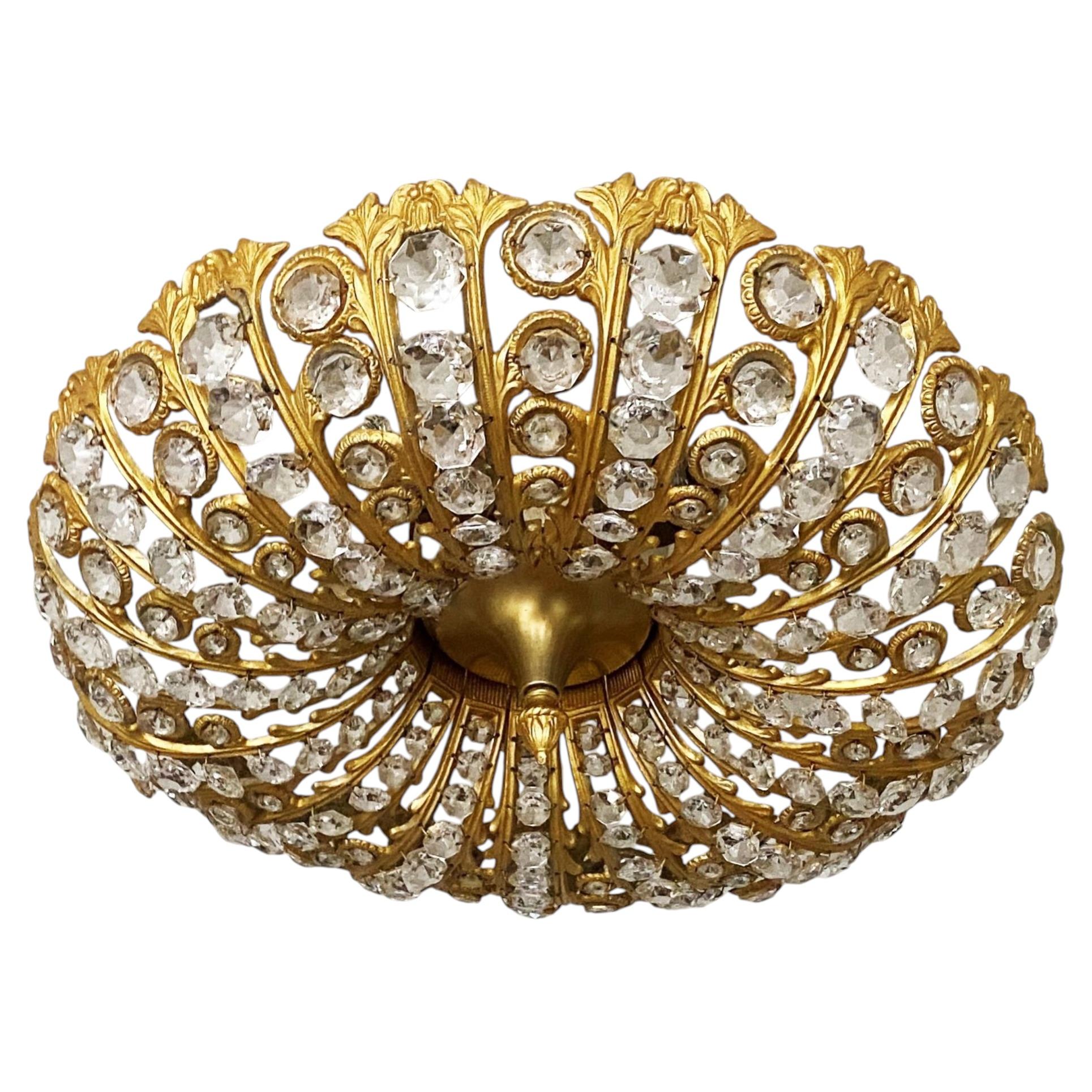 Austrian Palwa Faceted Crystal Gilt Bronze 5-Light Flush Mount Fixture, 1950s