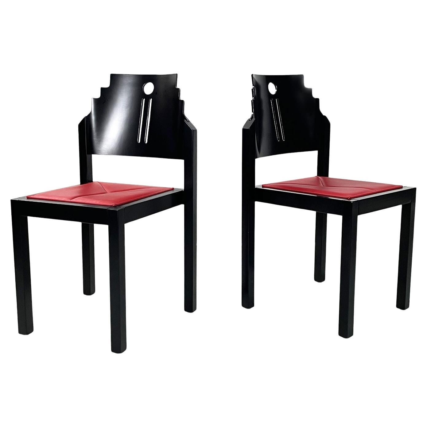 Austrian post-modern red leather and black wood chairs by Thonet, 1990s
