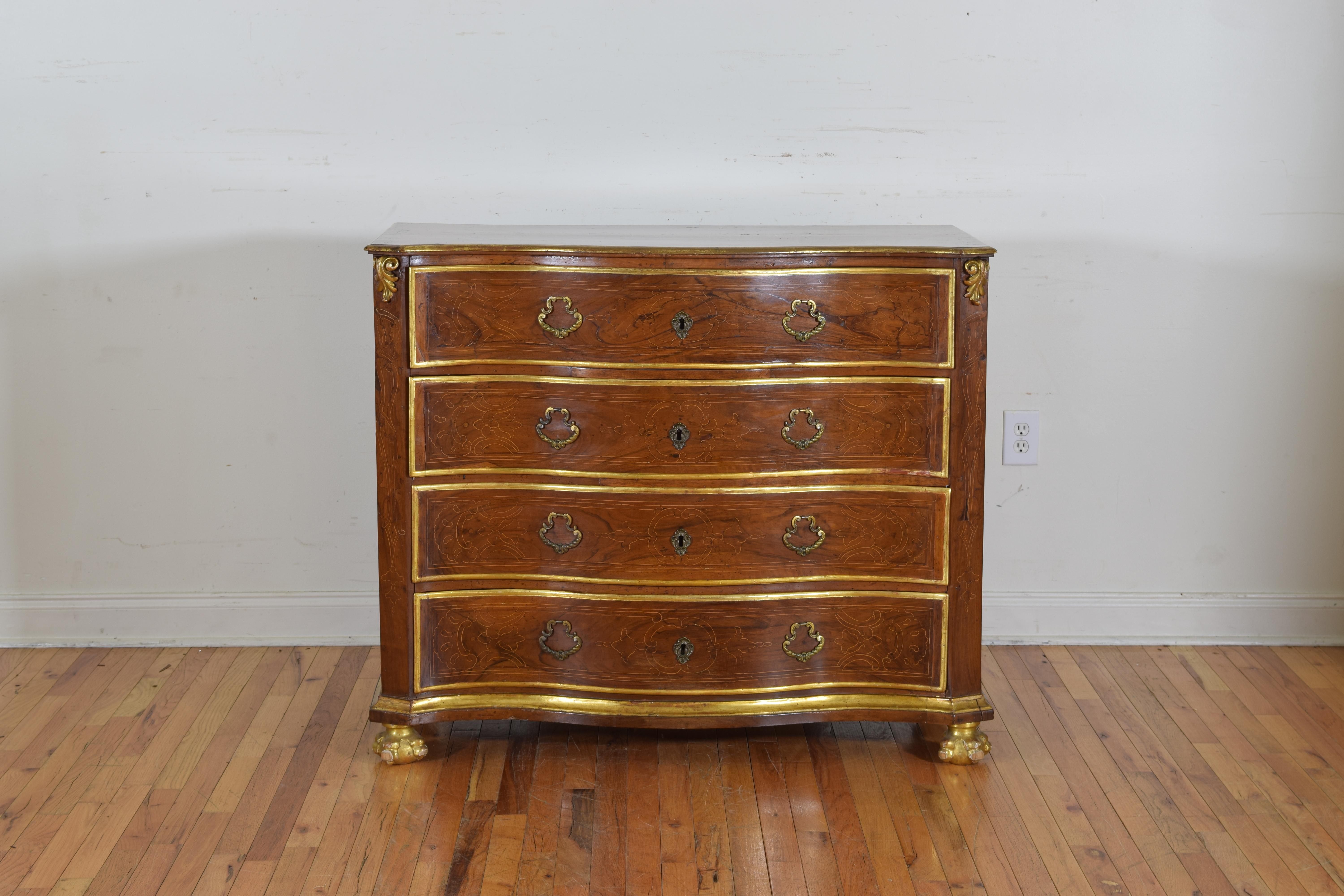 Austrian Rococo Walnut and Gilded Four-Drawer Commode, 18th Century In Excellent Condition In Atlanta, GA