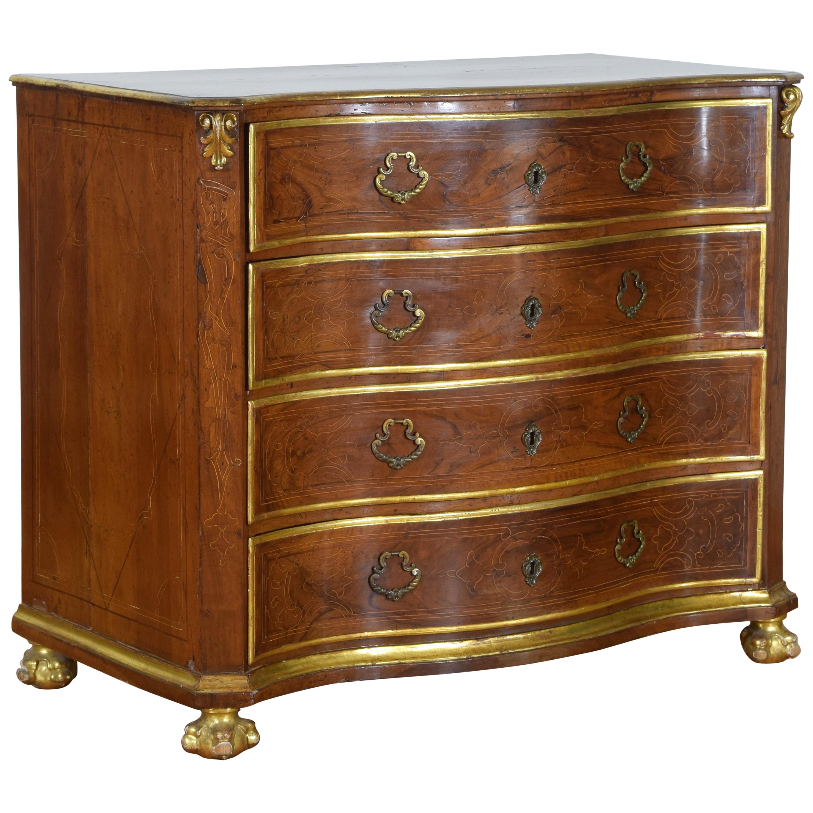 Austrian Rococo Walnut and Gilded Four-Drawer Commode, 18th Century