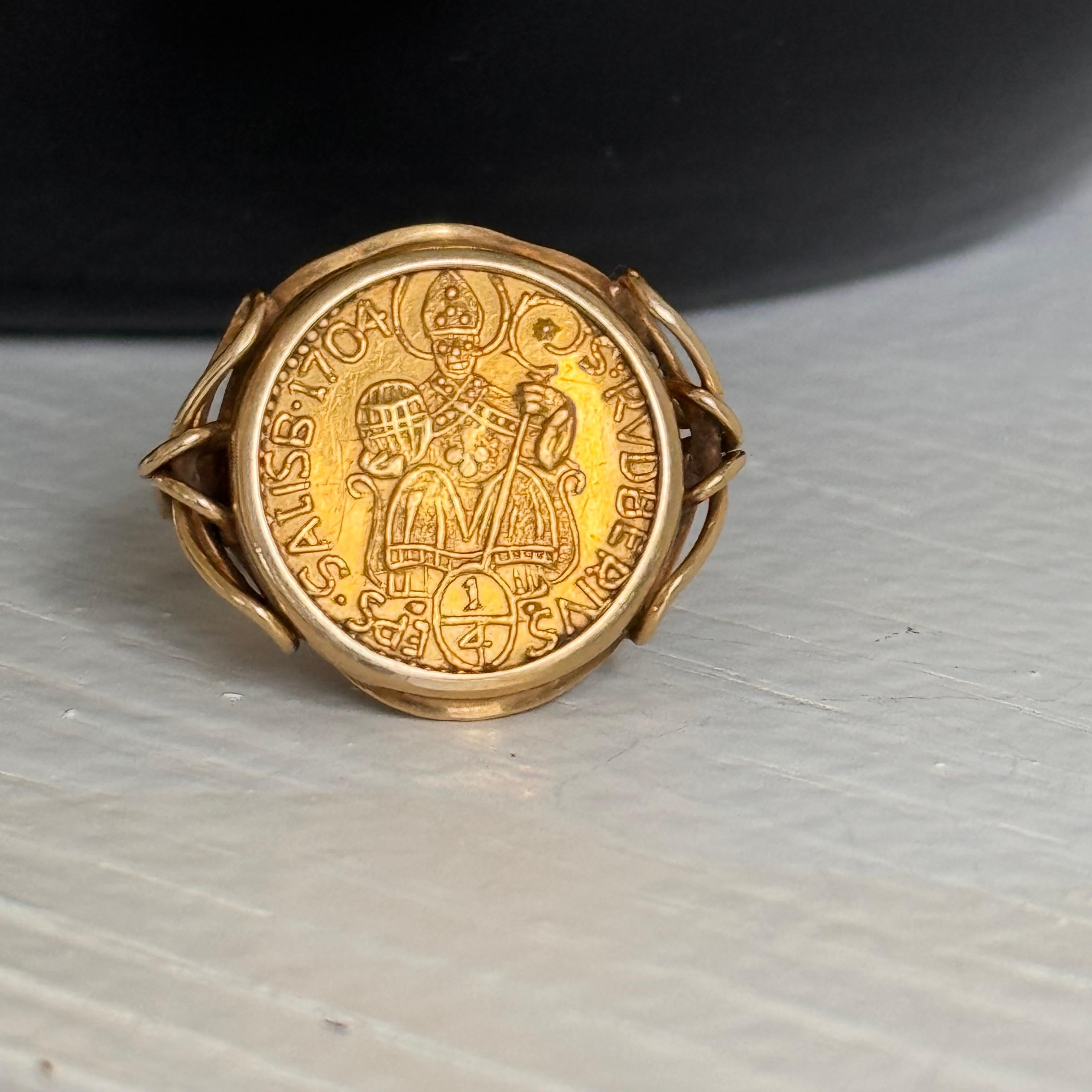 Austrian Salzburg 1704 1/4 Ducat Coin Ring in 20kt Gold Frame - Size 6 1/2 For Sale 7
