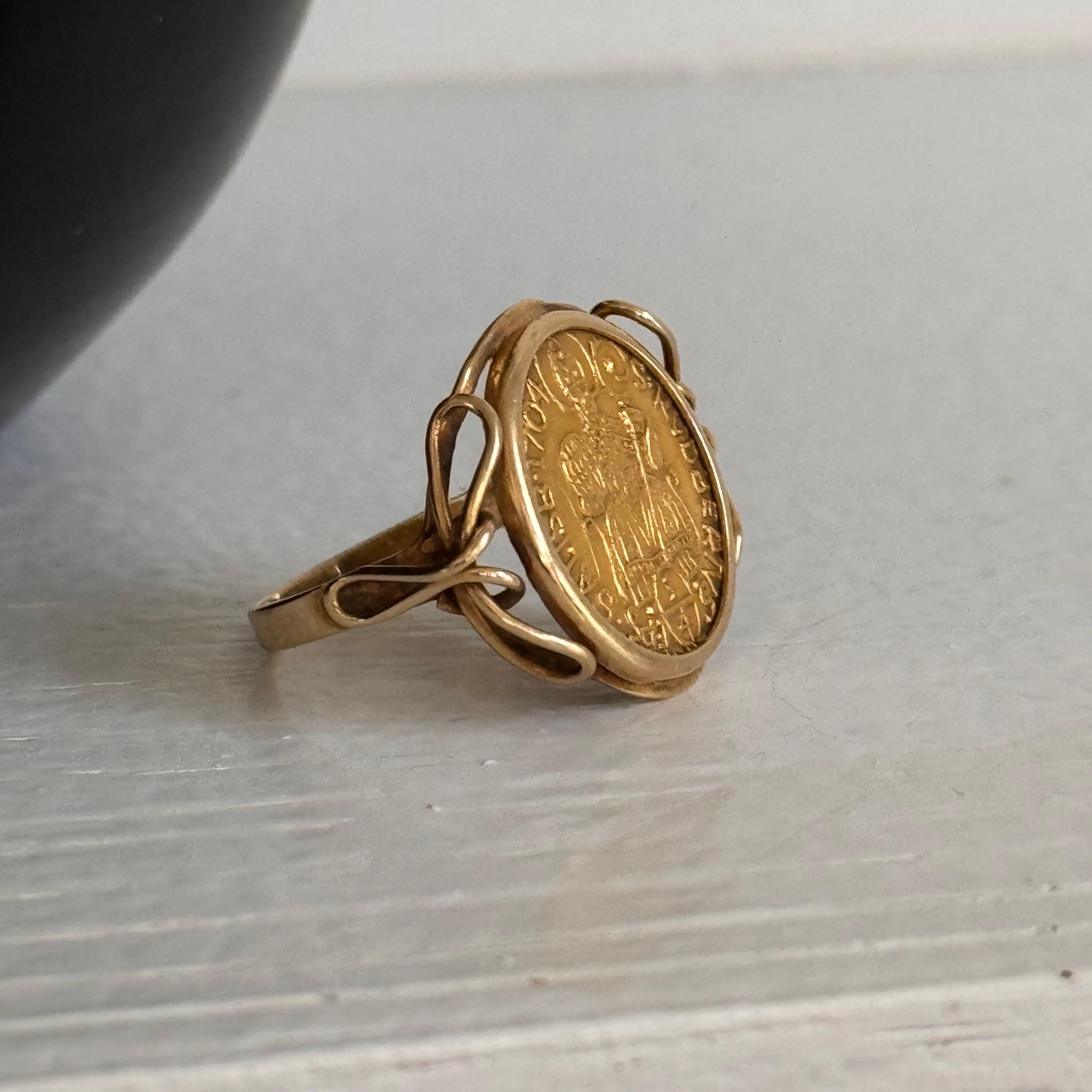 Revival Austrian Salzburg 1704 1/4 Ducat Coin Ring in 20kt Gold Frame - Size 6 1/2 For Sale