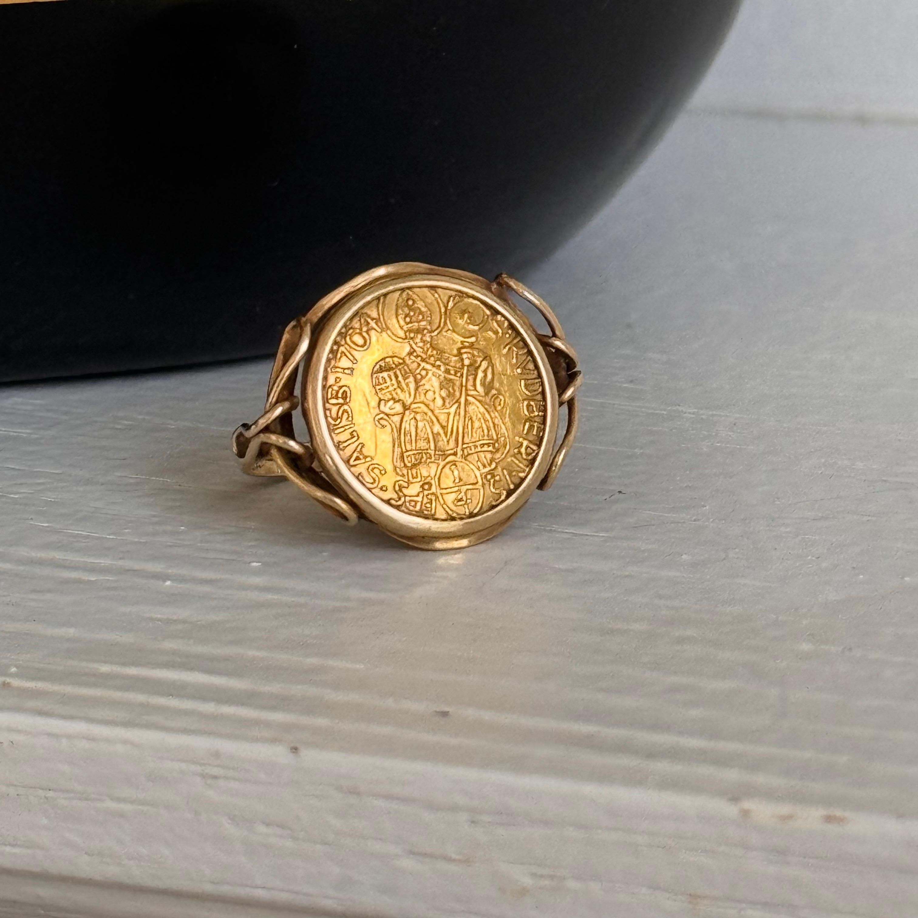 Austrian Salzburg 1704 1/4 Ducat Coin Ring in 20kt Gold Frame - Size 6 1/2 In Good Condition For Sale In Monroe Township, NJ