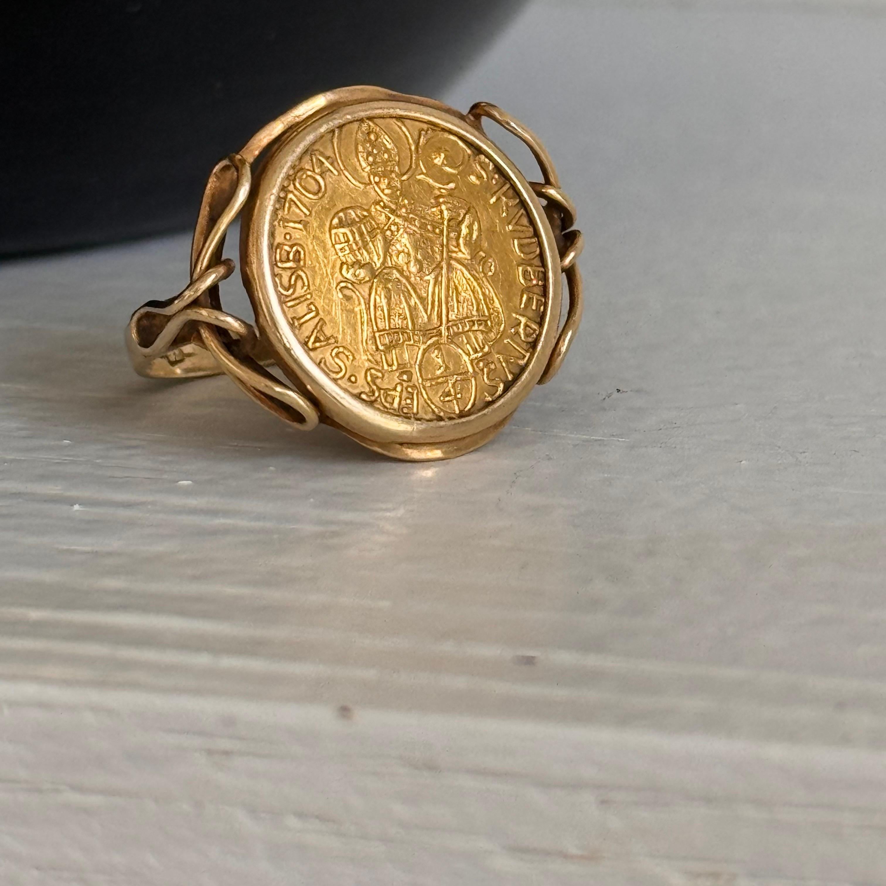 Women's or Men's Austrian Salzburg 1704 1/4 Ducat Coin Ring in 20kt Gold Frame - Size 6 1/2 For Sale