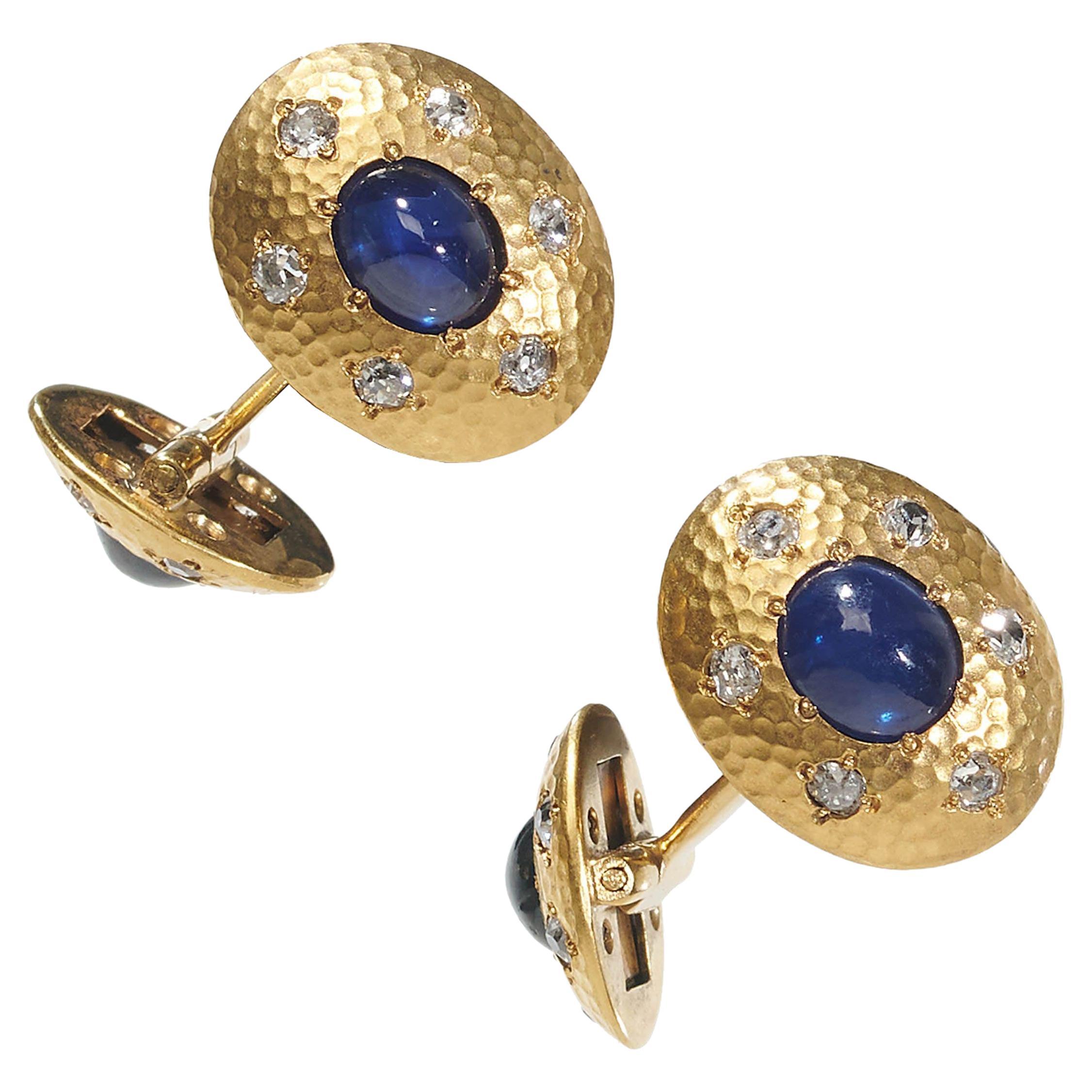 Austrian Sapphire, Diamond And Hammer Finish Gold Cufflinks For Sale