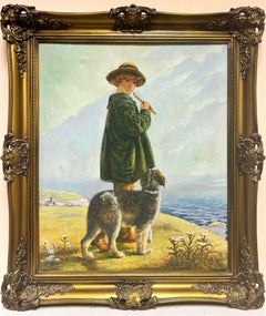 Vintage Large Alpine Mountain Lake Scene Girl with her Dog in Landscape, gilt framed