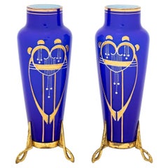Antique Austrian Secessionist Cobalt Blue Glass Vases, Pr.
