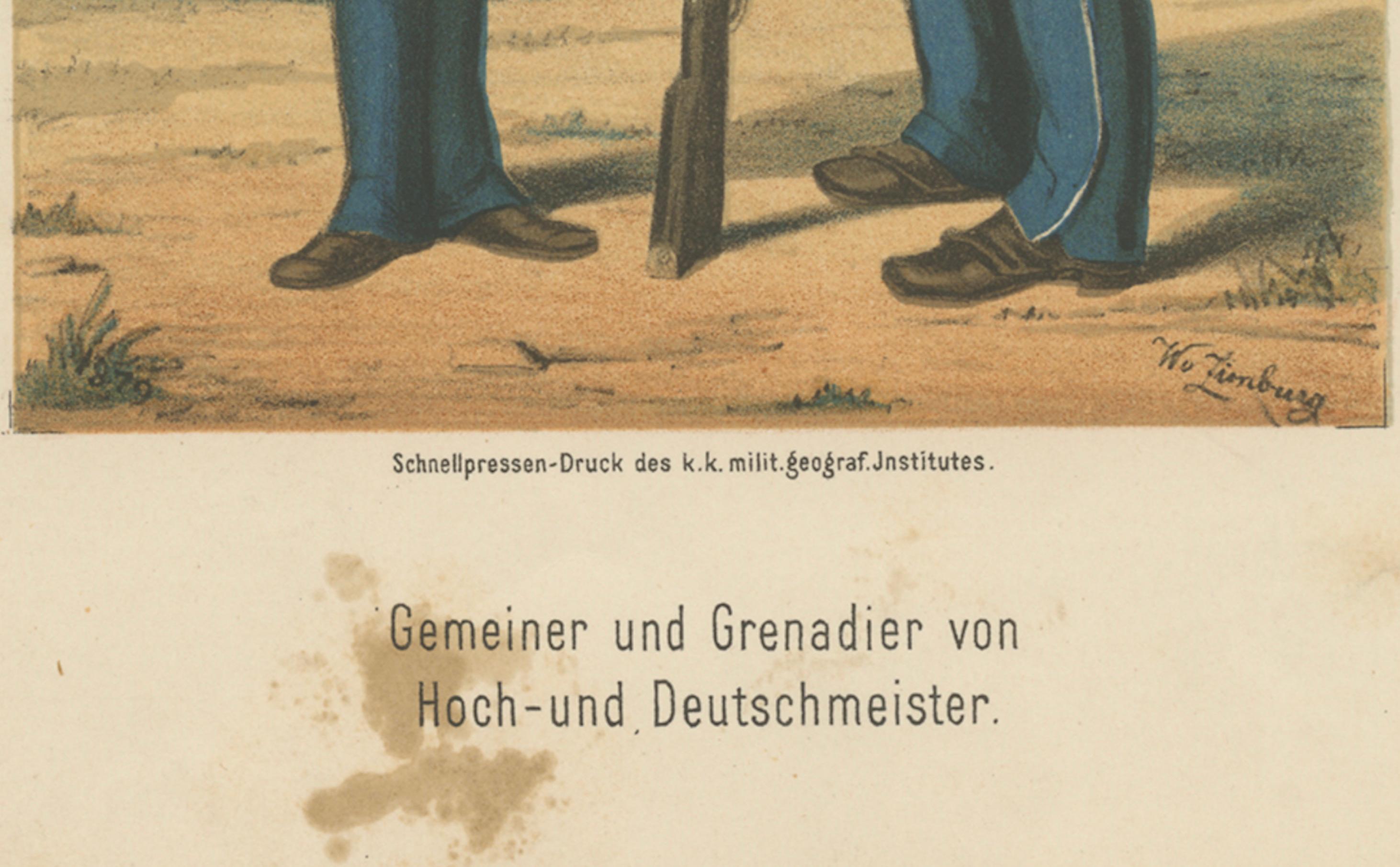 Austrian Common Soldier and Grenadier of Hoch- und Deutschmeister Regiment, 1836–1848 – Hand-Coloured Lithograph

This hand-coloured lithograph, produced between 1836 and 1848, depicts two members of the famed Hoch- und Deutschmeister Regiment of