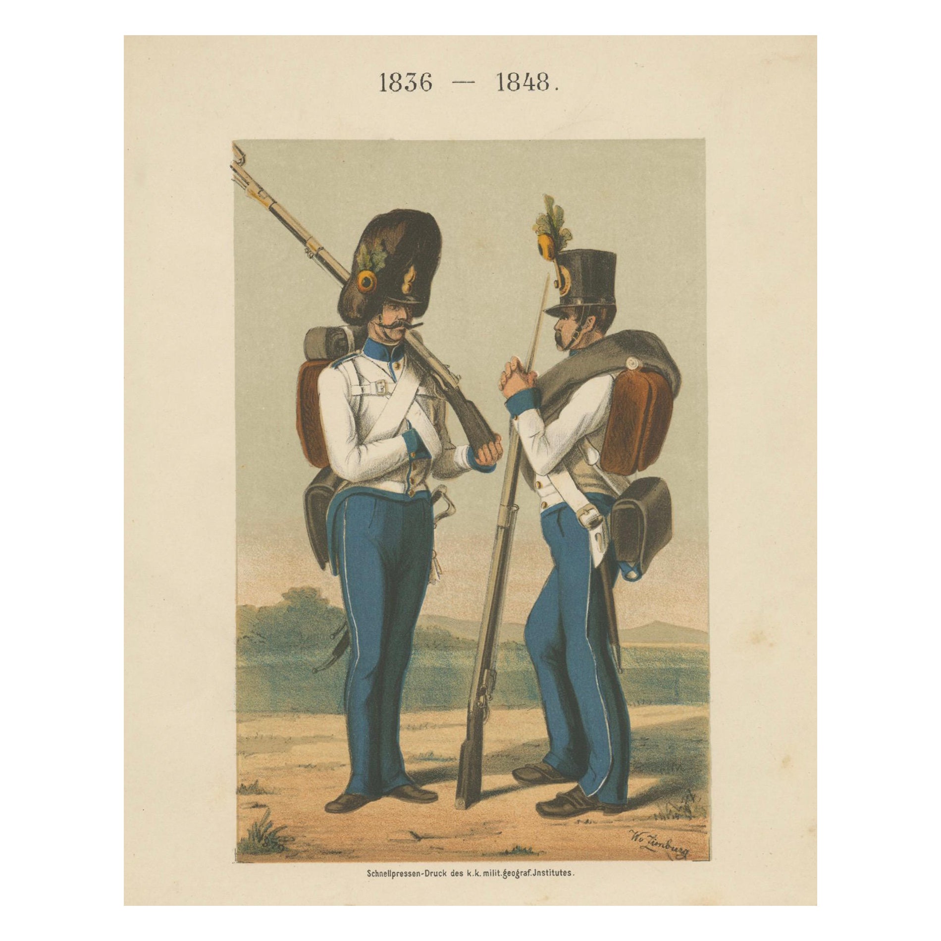 Austrian Soldier & Grenadier, Hoch- und Deutschmeister Regiment 1836–1848 Litho For Sale