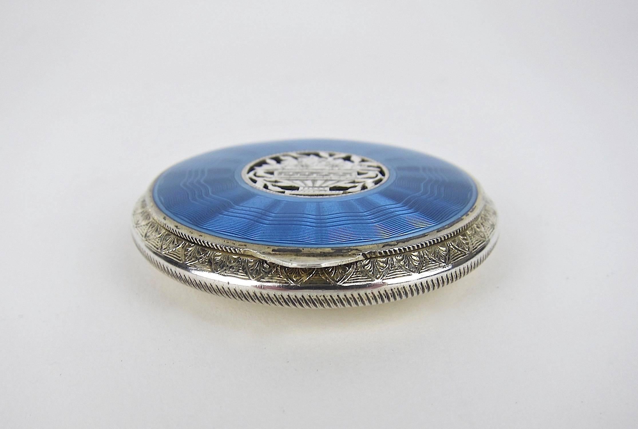 Enameled Antique Austrian Sterling Silver and Guilloche Enamel Compact