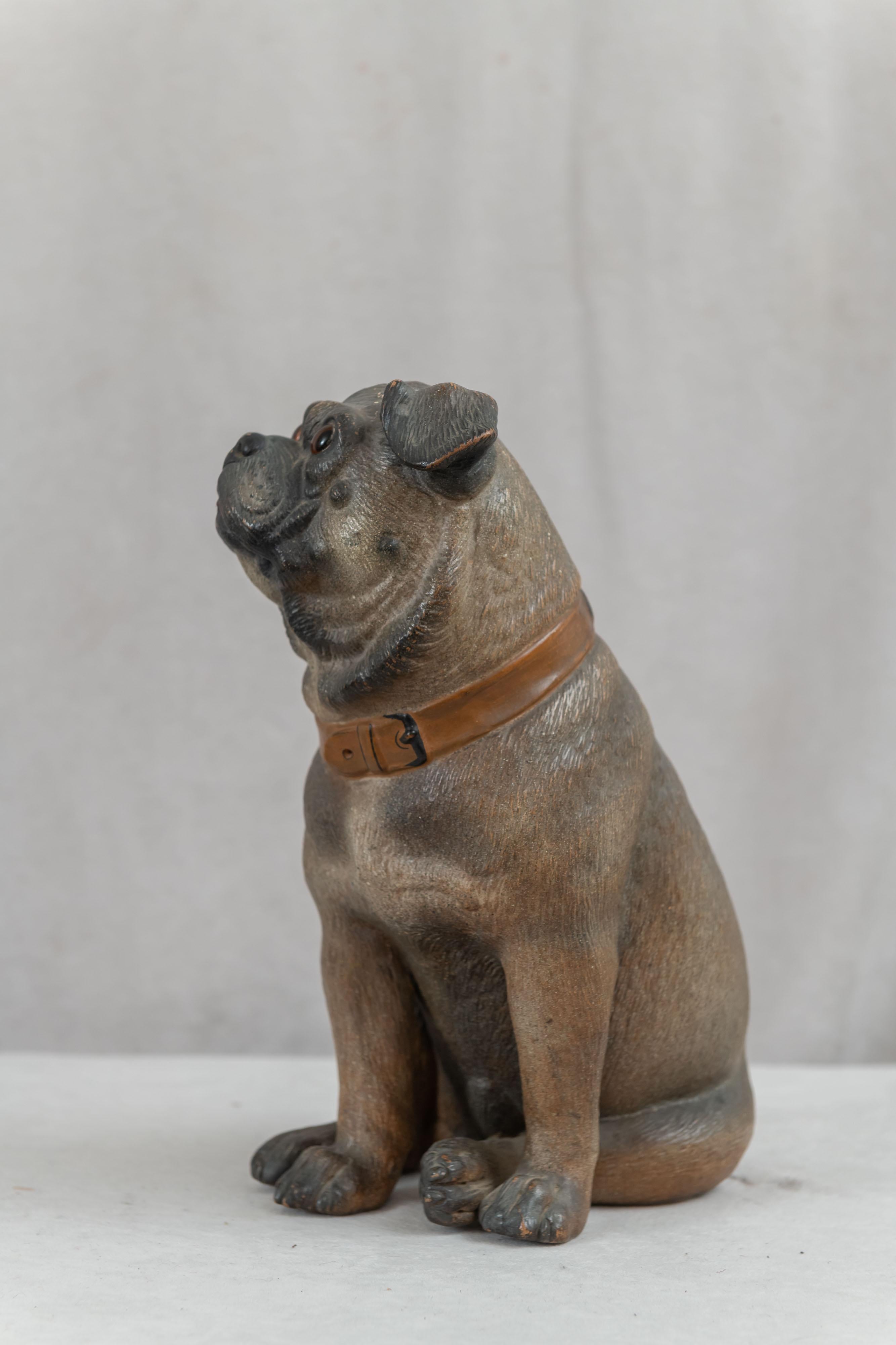 Hand-Crafted Austrian Terracotta Pug Dog, Hand Painted w/ Glass Eyes, ca. 1900