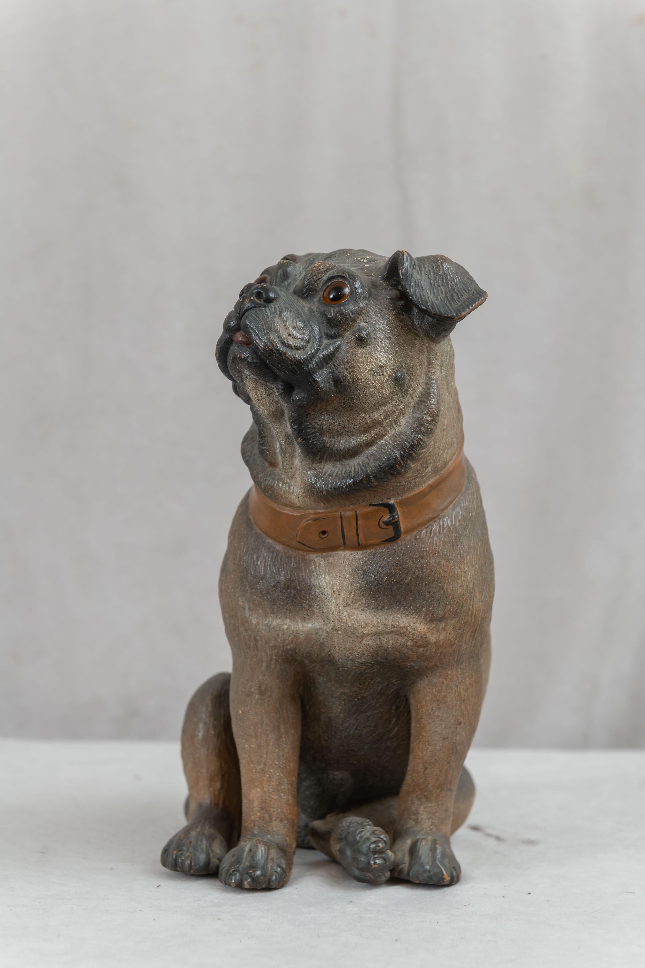 Austrian Terracotta Pug Dog, Hand Painted w/ Glass Eyes, ca. 1900 In Good Condition In Petaluma, CA