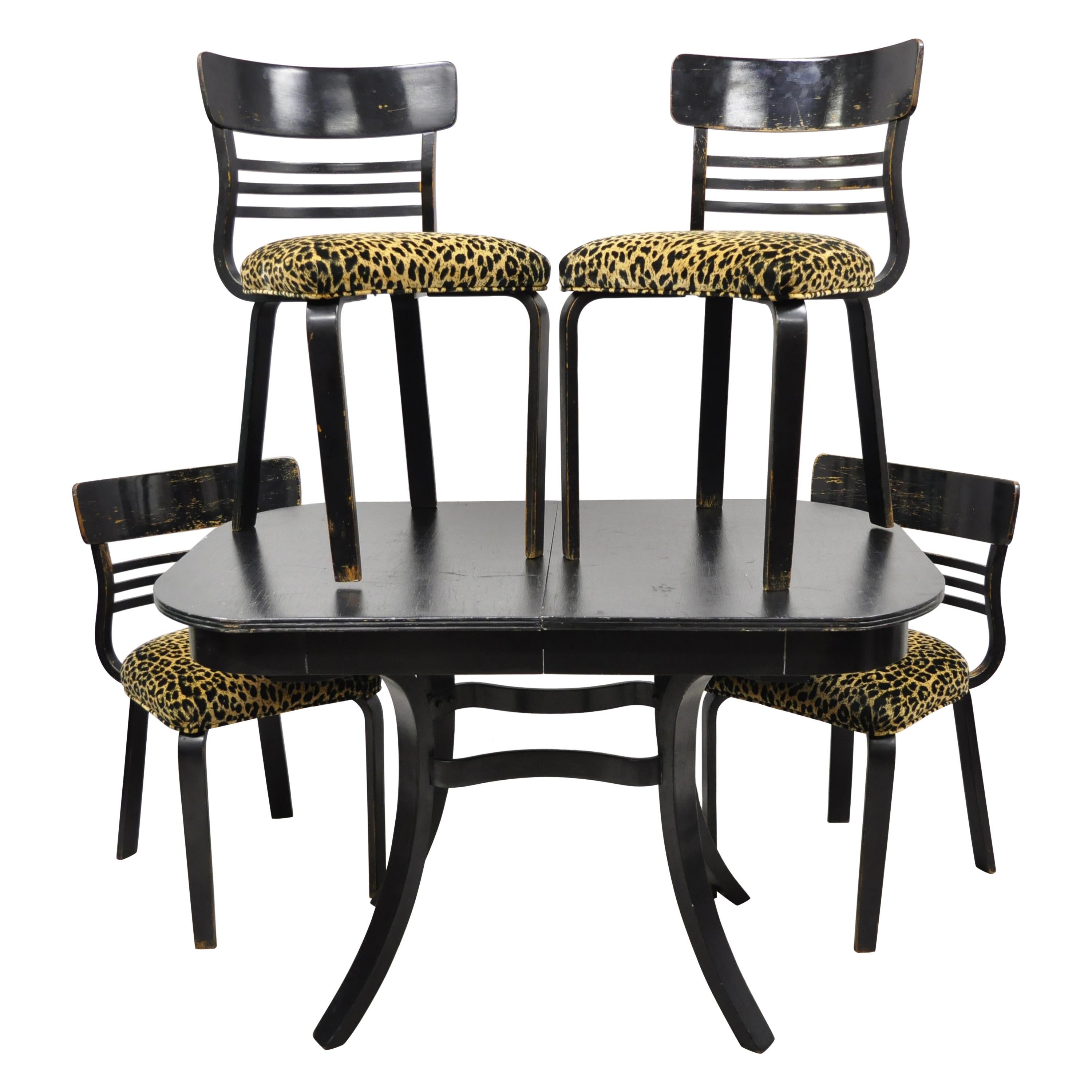 Austrian Thonet Bentwood Black Distressed Dining Set Table 4 Chairs, 5 Pieces For Sale
