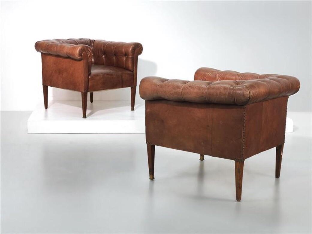 Classical Roman Austrian Two Leather Armchairs Designed by Adolf Loos, circa 1905