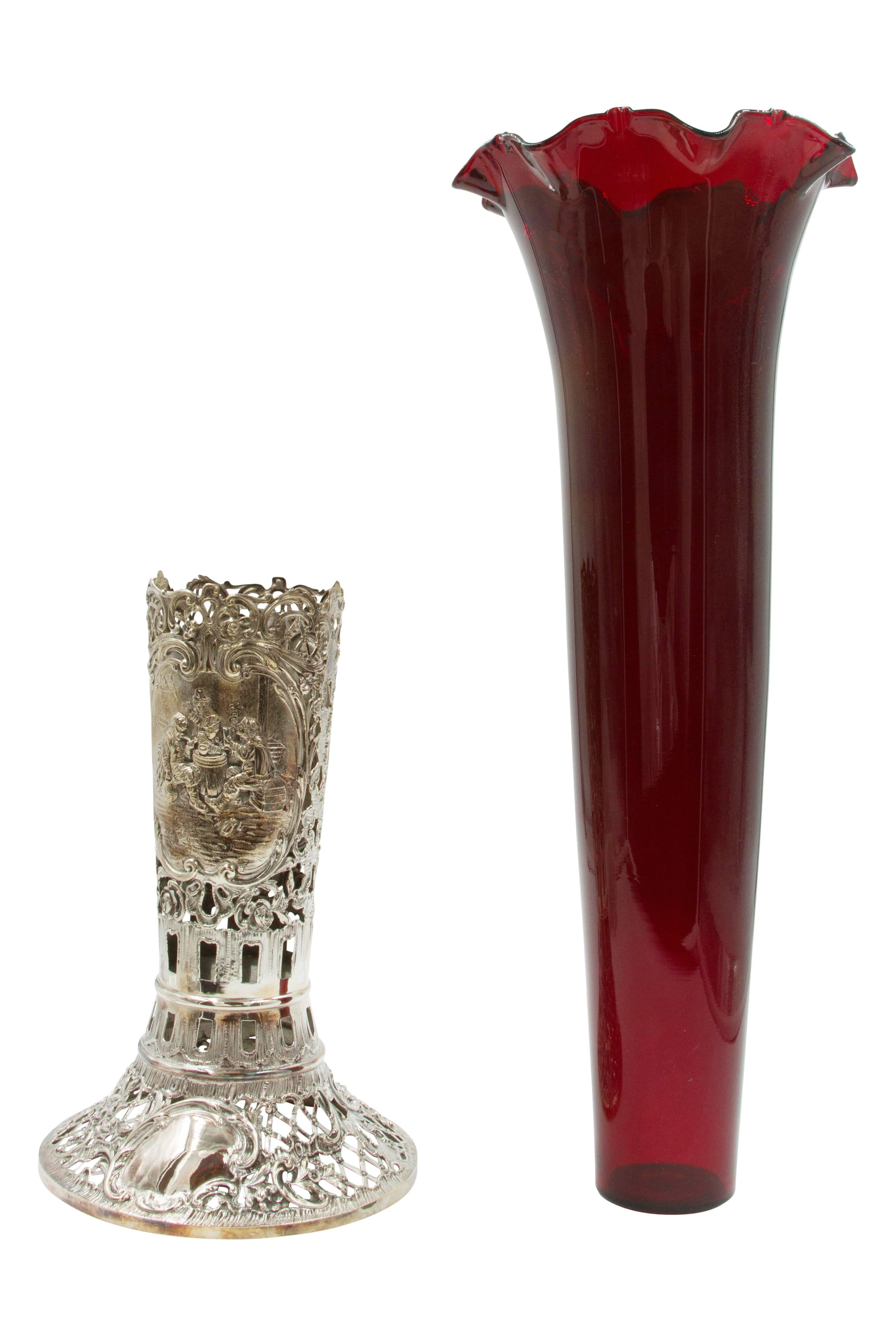 Austrian Vase with Ruby-Red Glass Liner In Excellent Condition For Sale In Brooklyn, NY