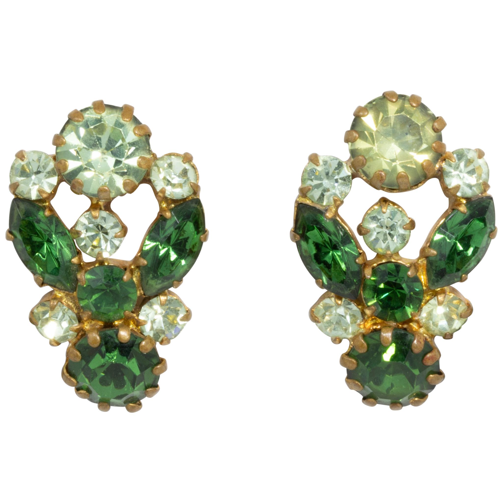 Austrian Vintage Emerald Crystal Clip On Earrings, Brass-tone