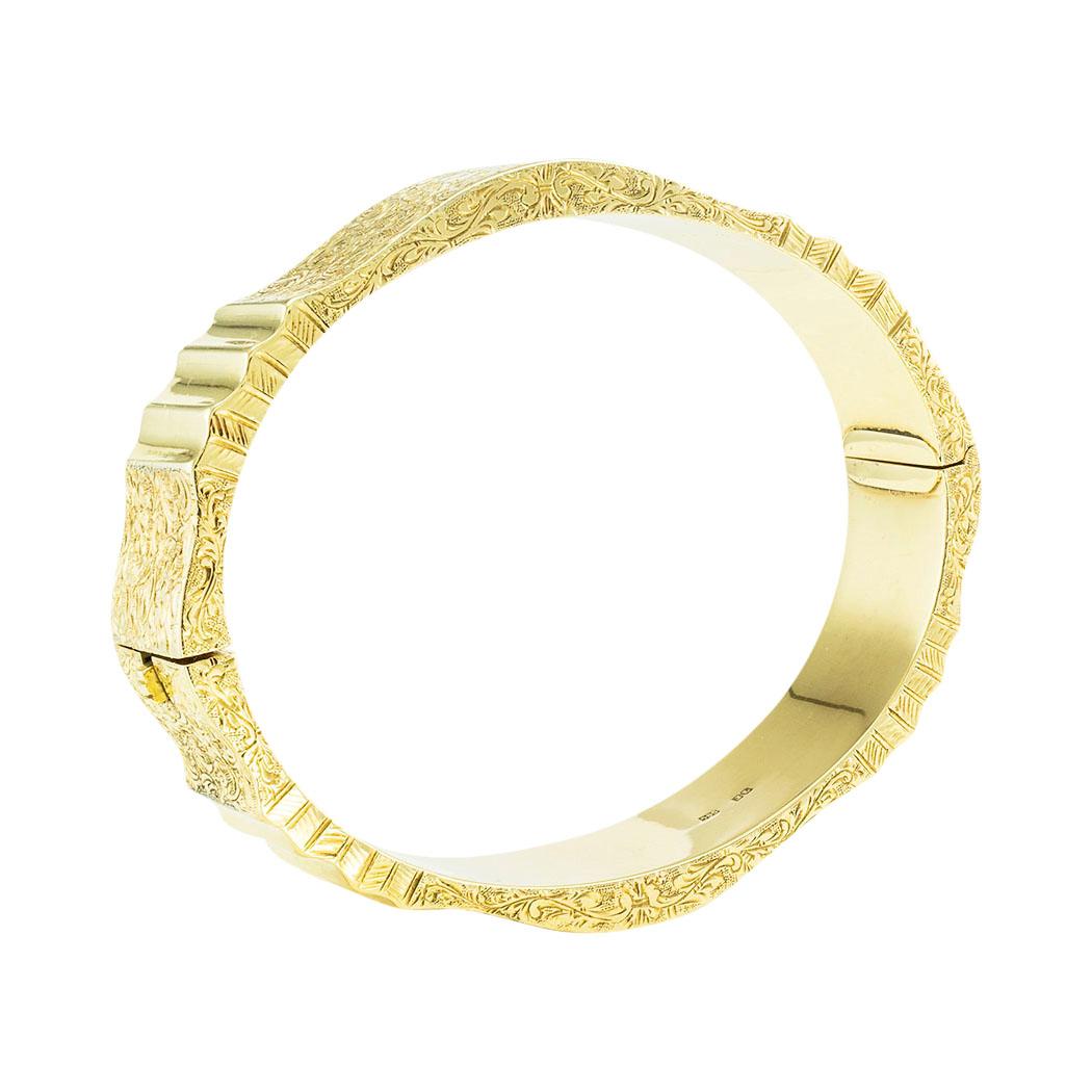 Austrian vintage yellow gold bangle bracelet circa 1930. *

ABOUT THIS ITEM:  #B-DJ128D. Scroll down for specifications.  With its low profile, this bangle bracelet is comfortable to wear and very comfortable dangling from someone’s wrist along with