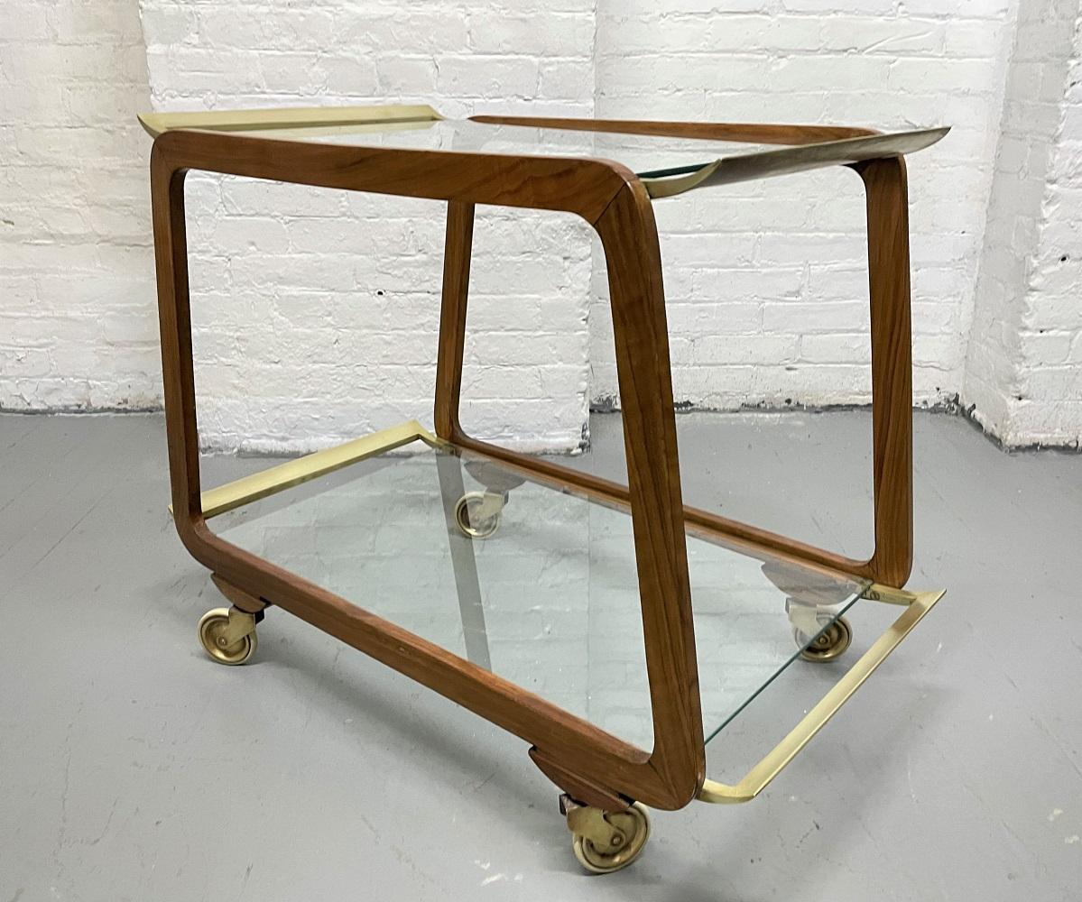 Mid-Century Modern Austrian Walnut and Brass Two-Tier Bar Cart For Sale