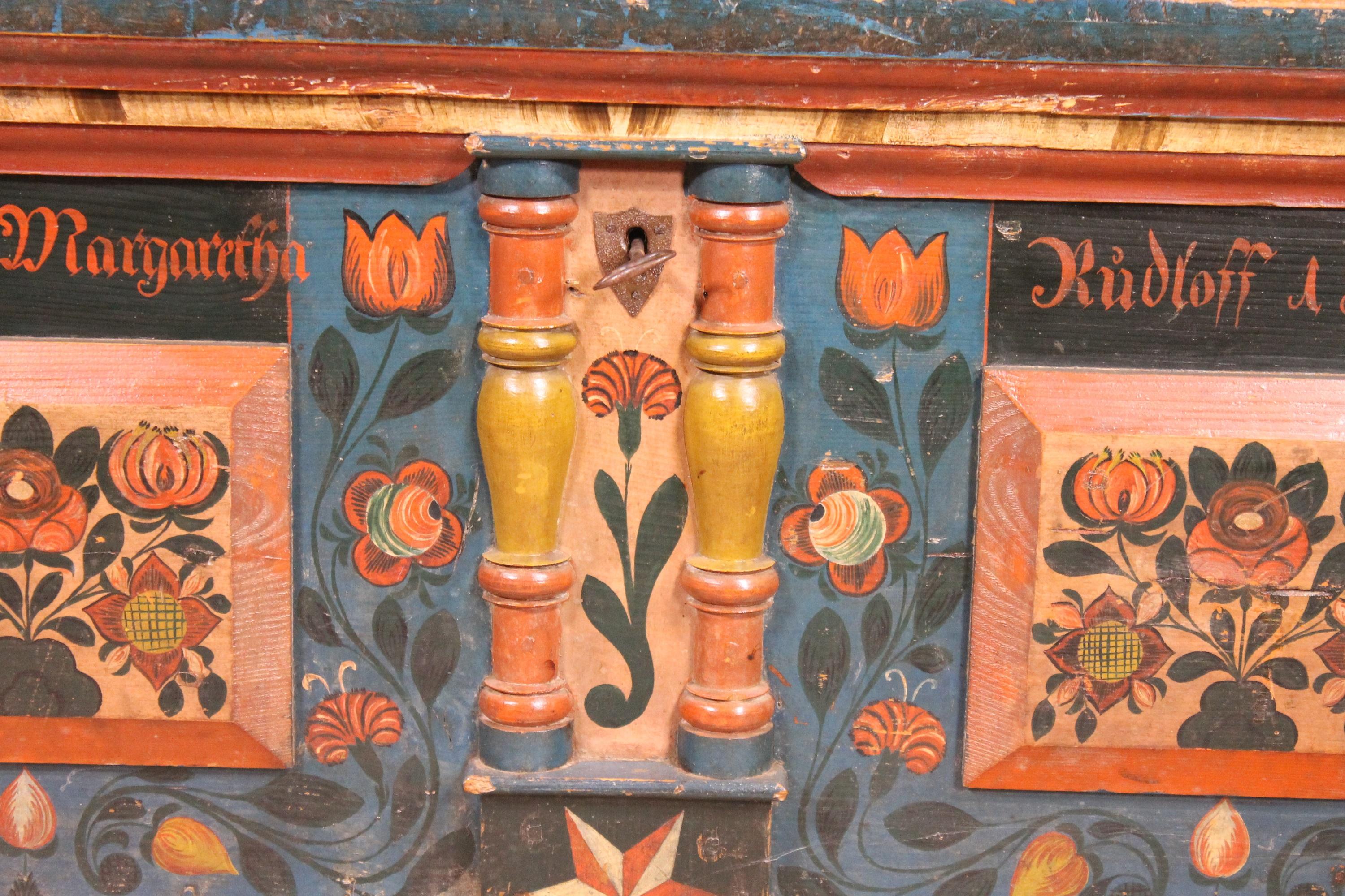 Austrian Wedding Chest Dated 1854 Original Polychromy In Good Condition In Brussels, Brussels