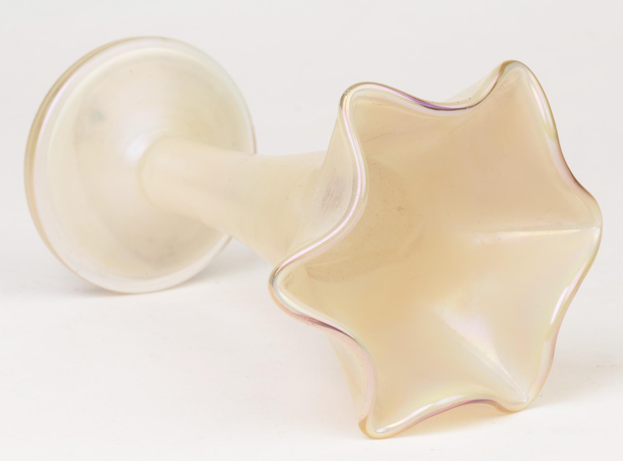 Hand-Crafted Austrian White Opalescent Kralik/Loetz Art Glass Floral Shaped Vase For Sale