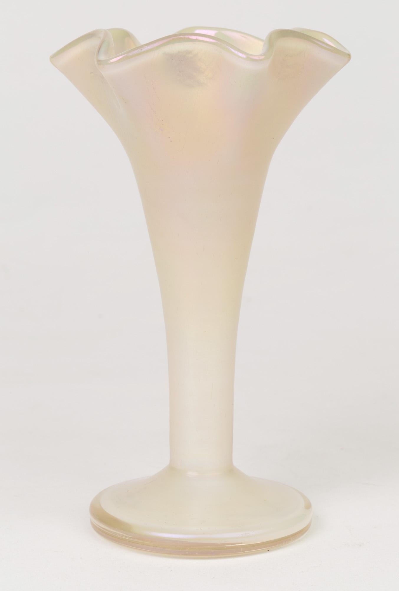 Blown Glass Austrian White Opalescent Kralik/Loetz Art Glass Floral Shaped Vase For Sale