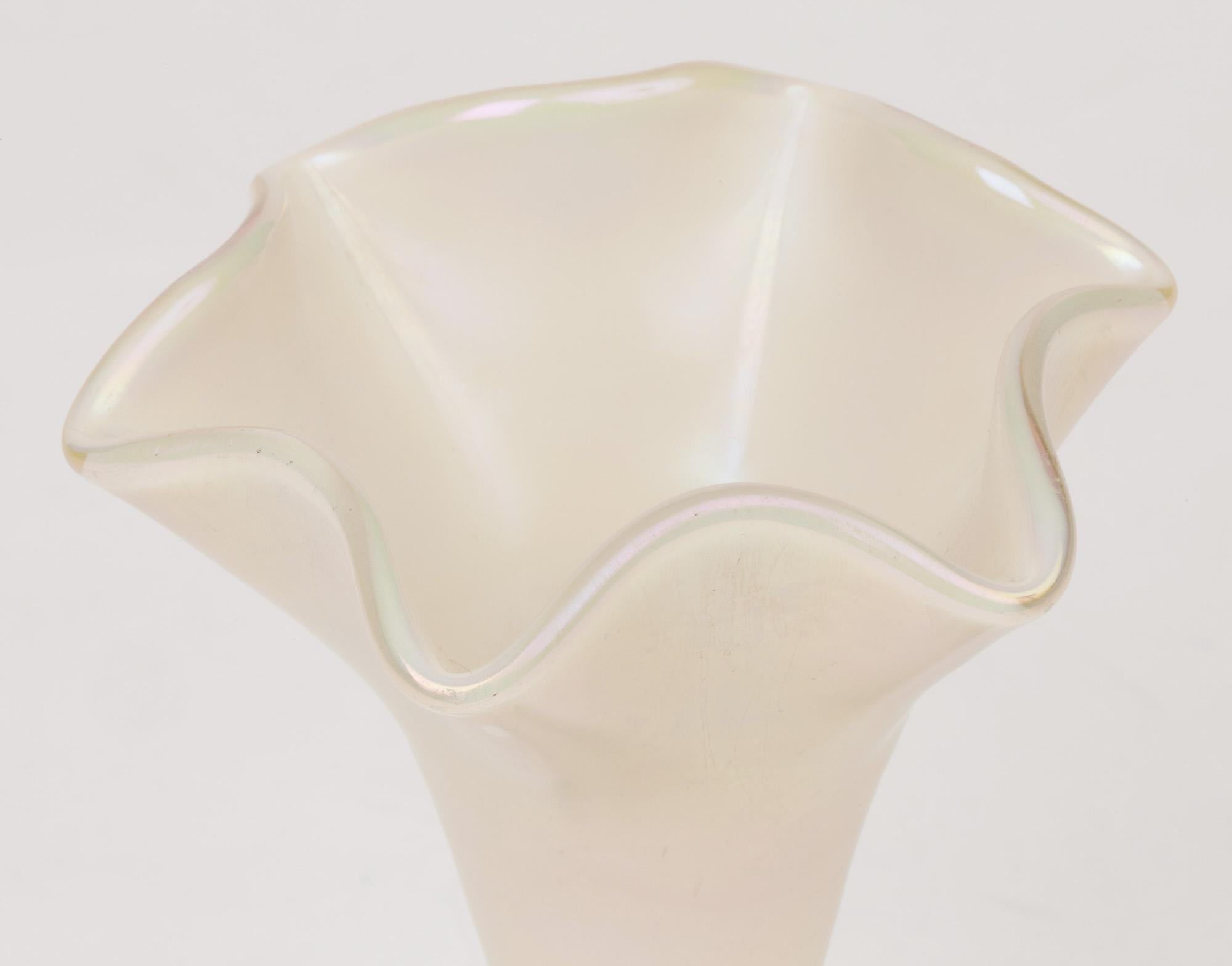 Austrian White Opalescent Kralik/Loetz Art Glass Floral Shaped Vase For Sale 1