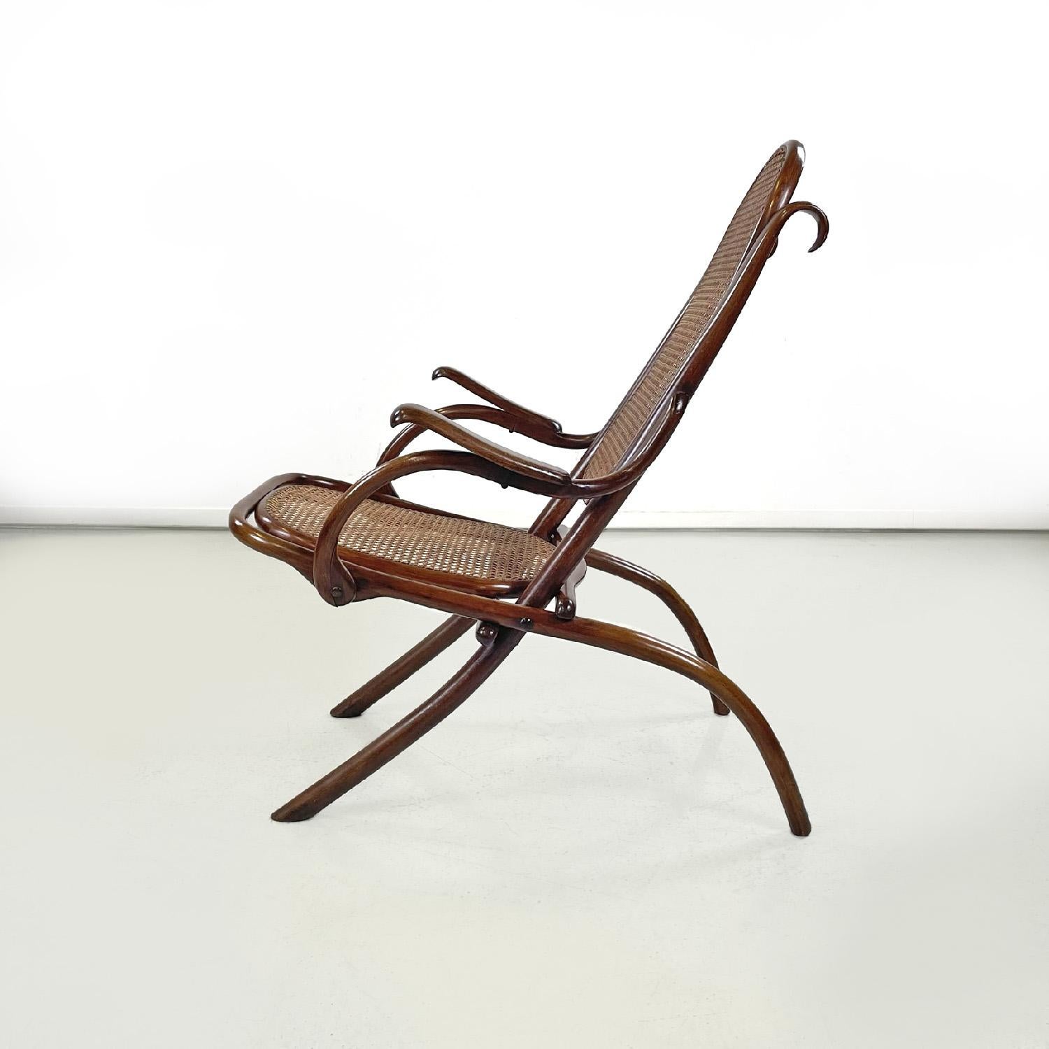 Österreichischer Thonet-Sessel aus Holz mit Wiener Stroh, Ende 1800
Sessel aus Holz und Wiener Stroh. Die Holzstruktur hat einen runden Querschnitt und weist abgerundete Linien auf, die die Elemente des Sessels bilden, wie die Armlehnen, die Beine