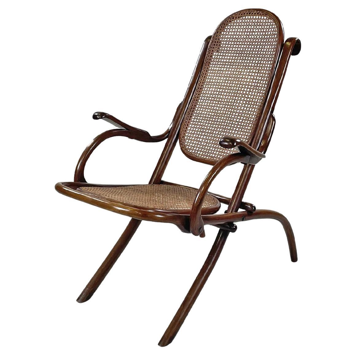 Österreichischer klappbarer Thonet-Sessel aus Holz mit Wiener Stroh, Ende 1800 im Angebot