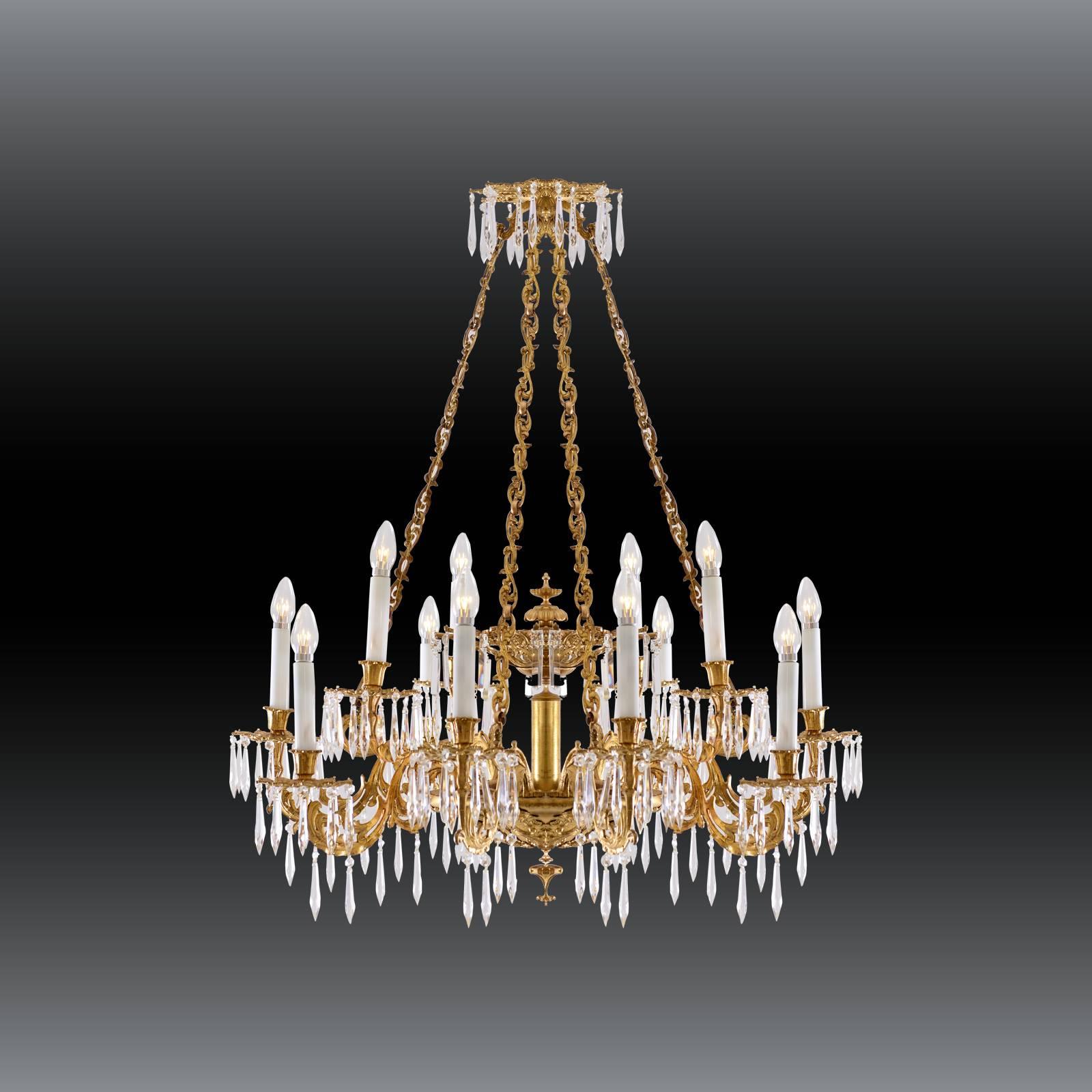 Richly decorated chandelier from the so called Ringstrassen, period in Vienna. Casted brass-parts, hand-cut crystal hangings.