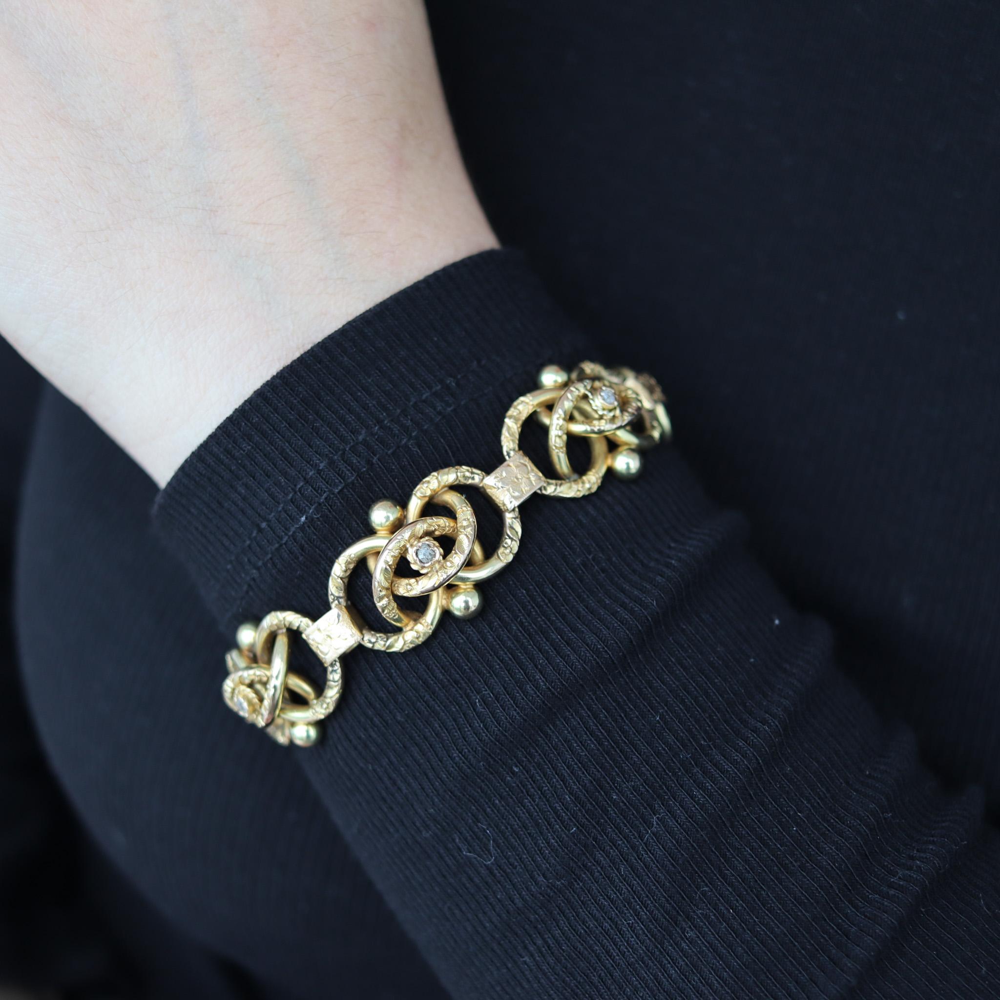 An Austro-Hungarian empire gold bracelet.

Very interesting antique bracelet, created during the Austro-Hungarian empire, back in the 1880. It was crafted in the city of Budapest, Hungary in rich yellow gold of 18 karats. The design is composed by