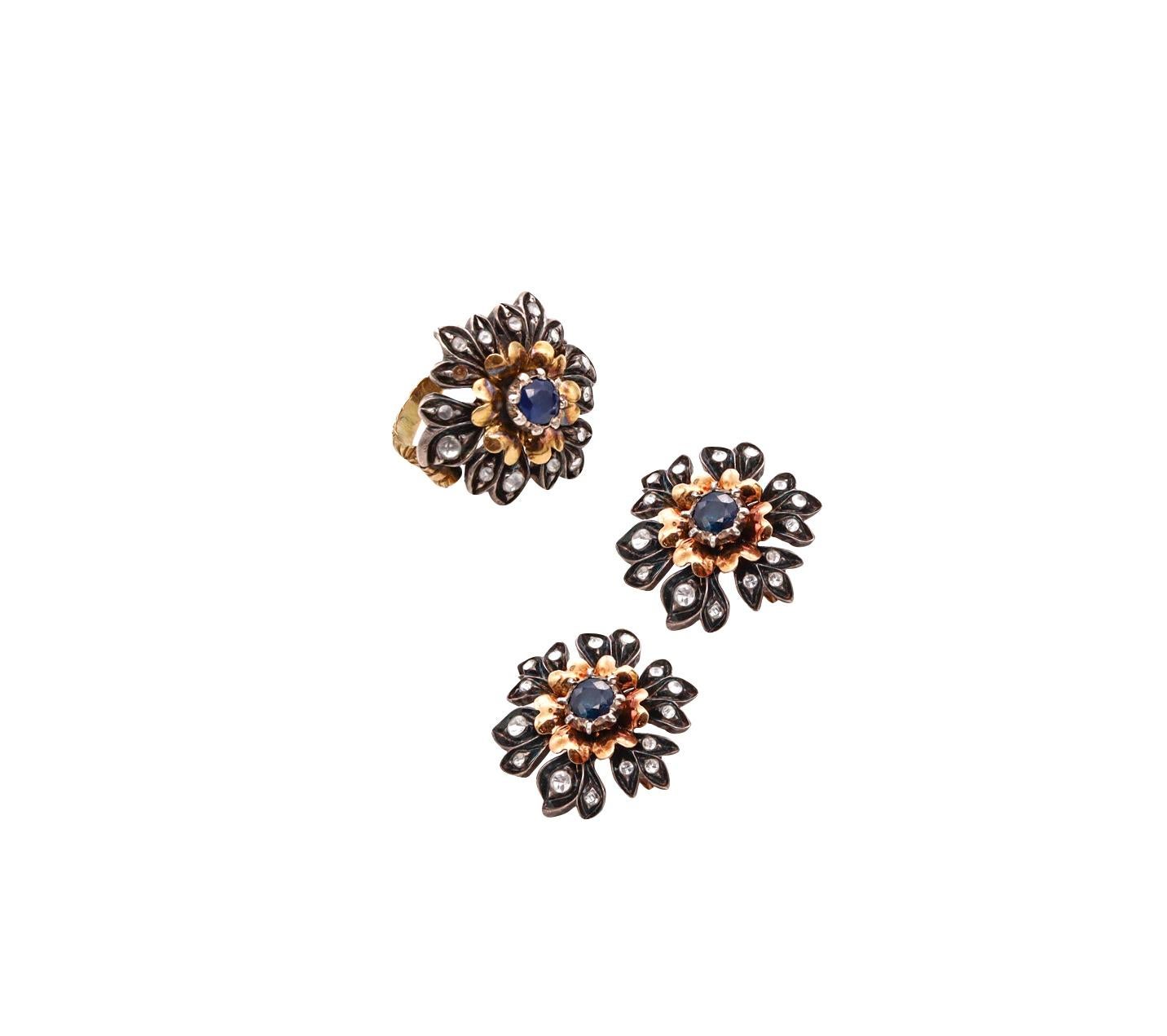 Austro Hungarian 1900 Earring Ring Suite 18Kt Gold 3.15 Cts Diamonds Sapphires For Sale 1