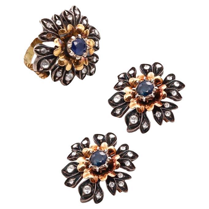 Austro Hungarian 1900 Earring Ring Suite 18Kt Gold 3.15 Cts Diamonds Sapphires For Sale
