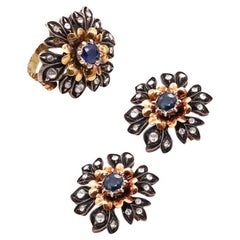 Austro Hungarian 1900 Earring Ring Suite 18Kt Gold 3.15 Cts Diamonds Sapphires