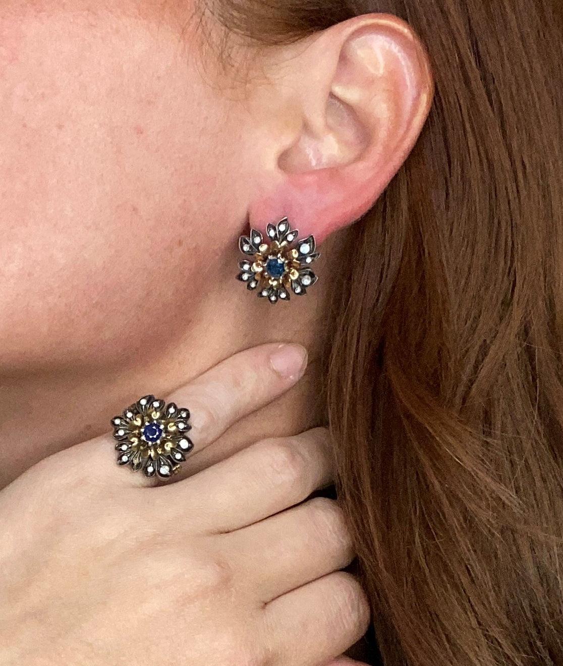 An Austro-Hungarian suite of earrings and ring

This is a beautiful and very attractive antique set, composed by a pair of earrings and ring created during the Austro-Hungarian empire period, back in 1900. The three pieces were crafted with floral