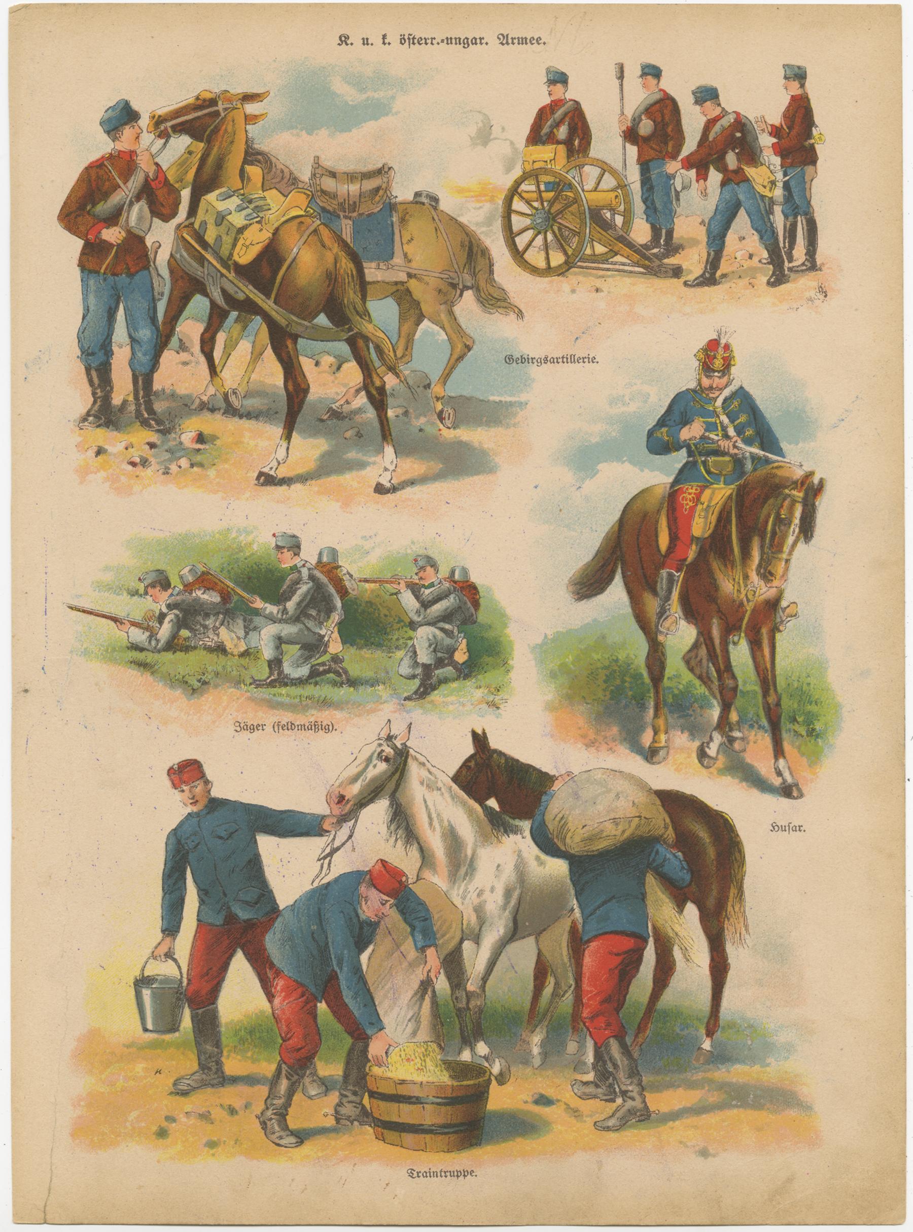 Uniformes de l'armée austro-hongroise - cavalerie, infanterie, artillerie et tenues de parade, c.1890

Description :
Ensemble de trois lithographies anciennes colorées à la main illustrant l'armée austro-hongroise à la fin du XIXe siècle, présentant
