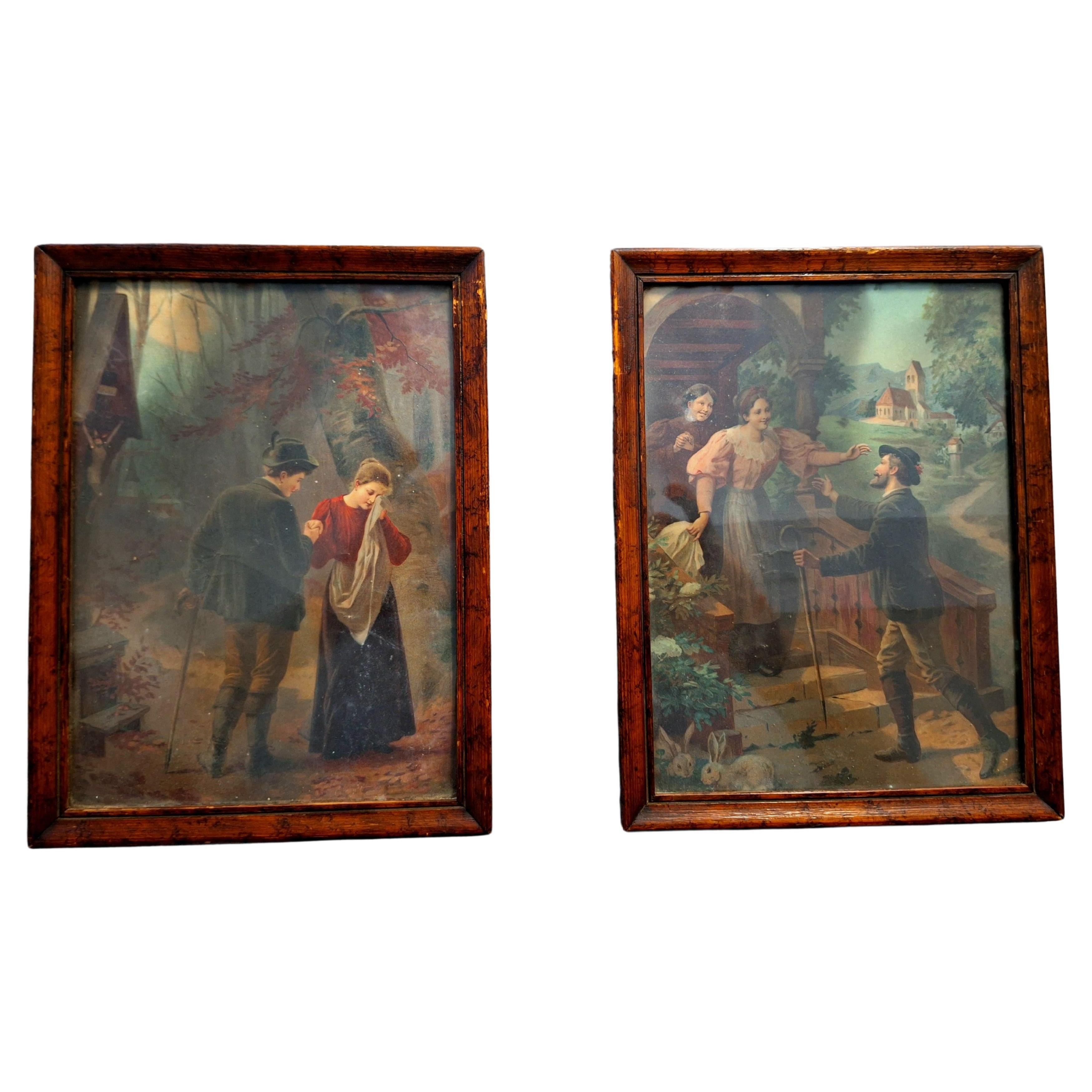 Austro Hungarian Art Deco pair of Hand Panted lithography  For Sale