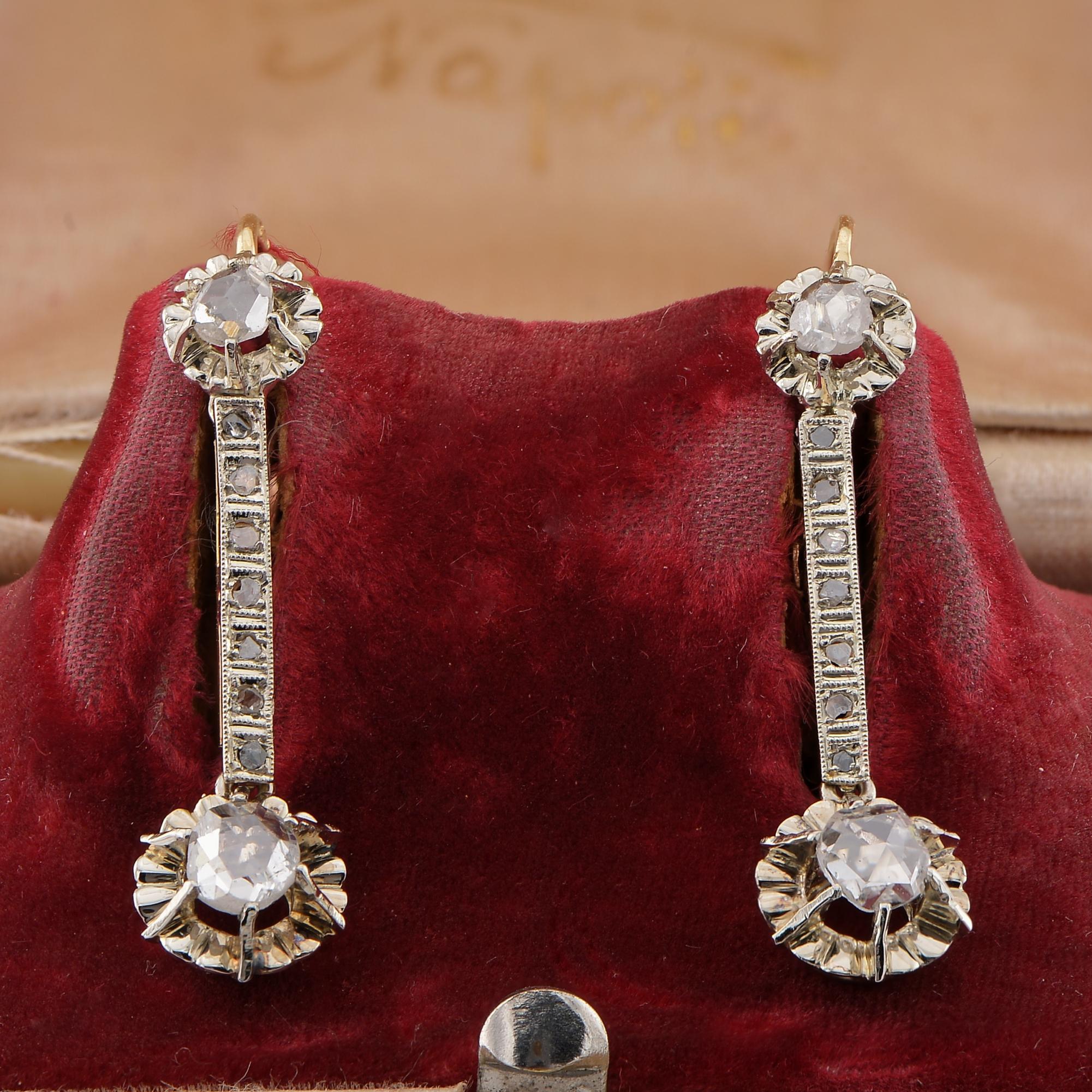 The Charming Dormeuse
Sweet and charming antique early Art Deco Dourmeuse earrings hand crafted of solid 18 KT bearing several hallmarks probably Austro Hungarian from the period, quite indistinct
Classy dormeuse design as for tradition, set