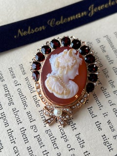 Spilla cammeo austro-ungarica edoardiana in agata, granato, perla, giallo 14 ct.